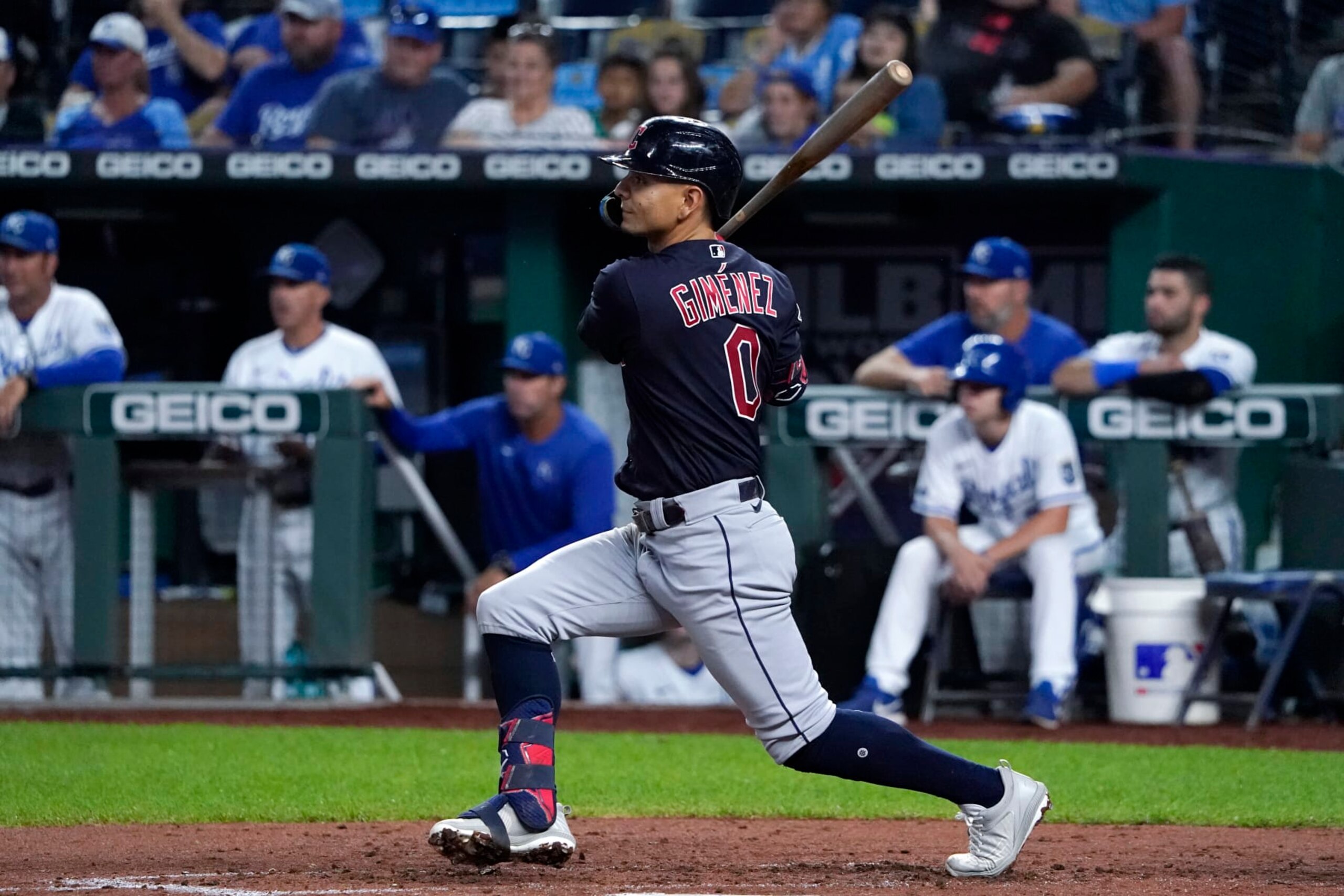 KANSAS CITY, MISSOURI - SEPTEMBER 05:  Andres Gimenez #0 of the Cleveland Guardians hits against the Kansas City Royals at Kauffman Stadium on September 05, 2022 in Kansas City, Missouri. (Photo by Ed Zurga/Getty Images)