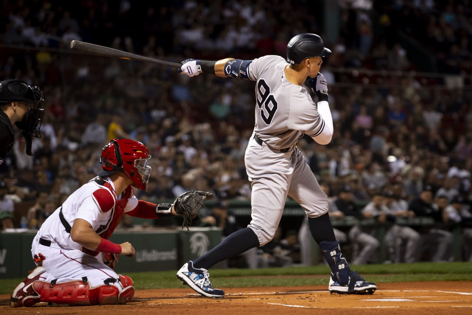 BOSTON, MA - SEPTEMBER 13: Aaron Judge #99 of the New York Yankees bats during the first inning of a game against the Boston Red Sox on September 13, 2022 at Fenway Park in Boston, Massachusetts.(Photo by Billie Weiss/Boston Red Sox/Getty Images)