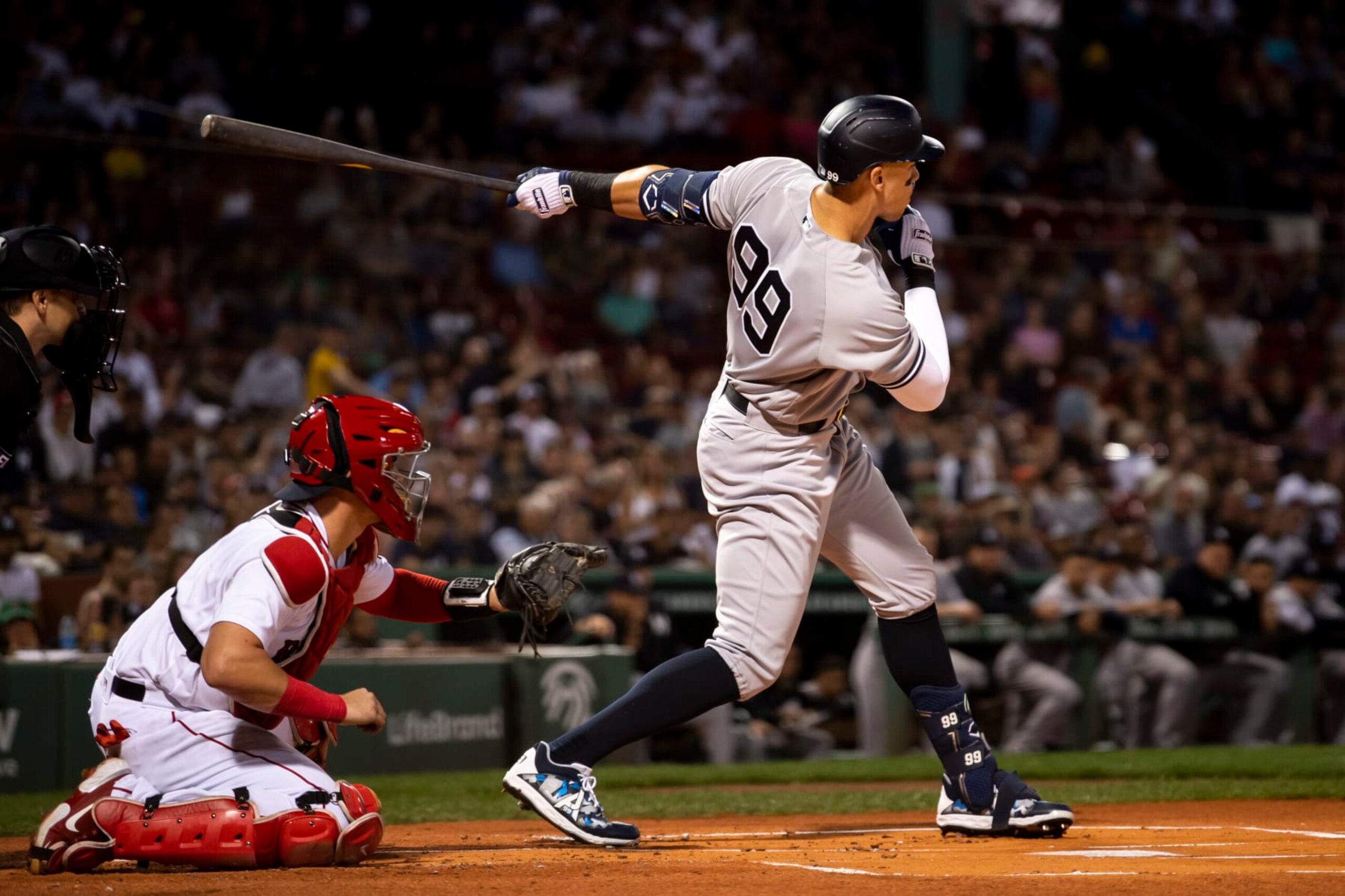 BOSTON, MA - SEPTEMBER 13: Aaron Judge #99 of the New York Yankees bats during the first inning of a game against the Boston Red Sox on September 13, 2022 at Fenway Park in Boston, Massachusetts.(Photo by Billie Weiss/Boston Red Sox/Getty Images)