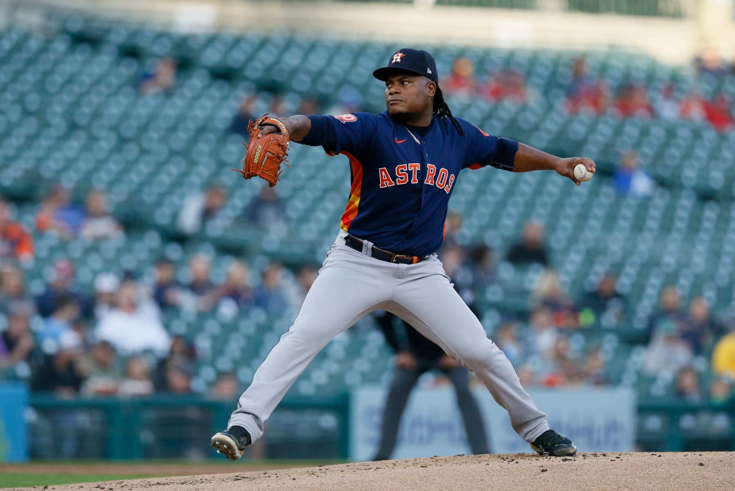 DETROIT, MI -  SEPTEMBER 12:  Framber Valdez #59 of the Houston Astros pitches against the Detroit Tigers during the first inning at Comerica Park on September 12, 2022, in Detroit, Michigan. (Photo by Duane Burleson/Getty Images)