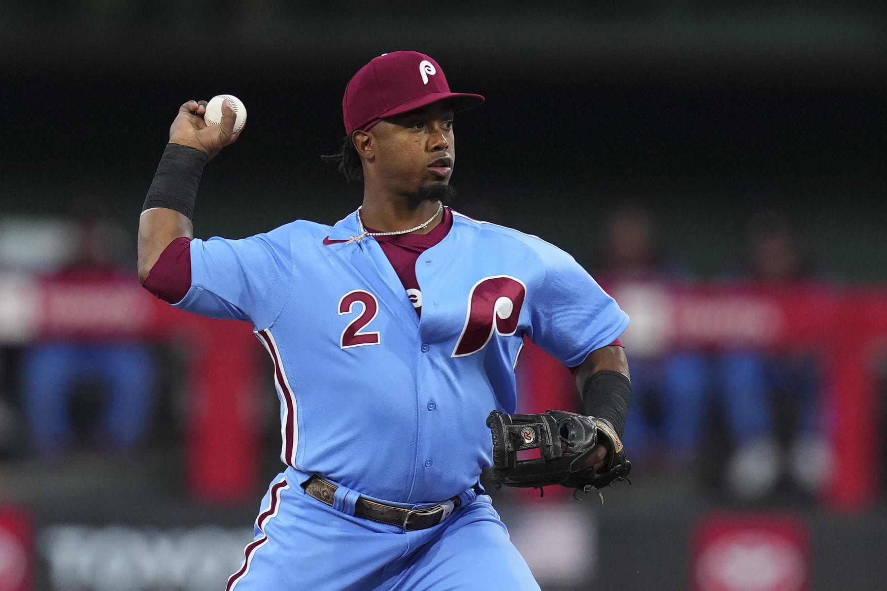 PHILADELPHIA, PA - SEPTEMBER 08: Jean Segura #2 of the Philadelphia Phillies throws the ball to first base against the Miami Marlins at Citizens Bank Park on September 8, 2022 in Philadelphia, Pennsylvania. The Marlins defeated the Phillies 6-5. (Photo by Mitchell Leff/Getty Images)