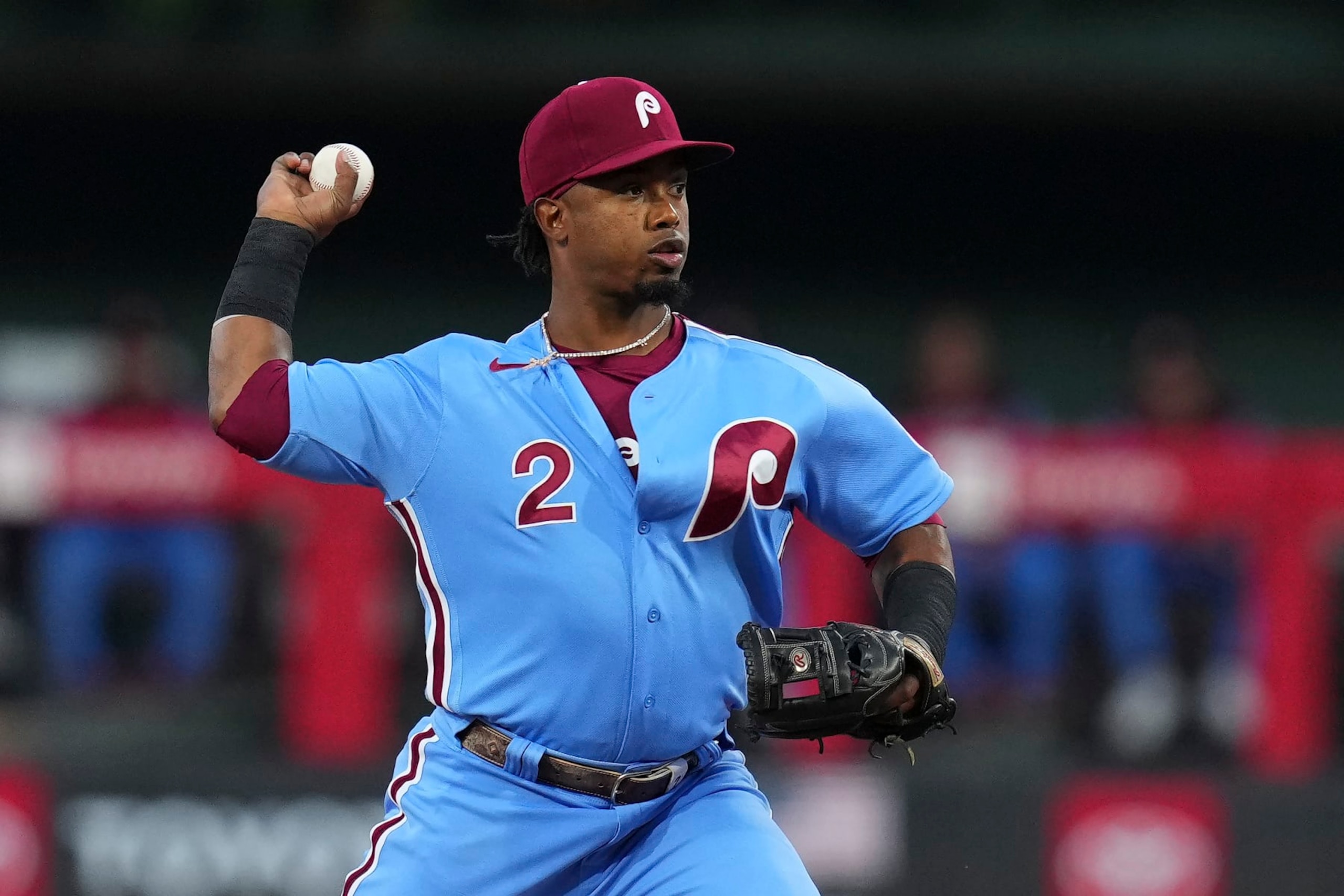 PHILADELPHIA, PA - SEPTEMBER 08: Jean Segura #2 of the Philadelphia Phillies throws the ball to first base against the Miami Marlins at Citizens Bank Park on September 8, 2022 in Philadelphia, Pennsylvania. The Marlins defeated the Phillies 6-5. (Photo by Mitchell Leff/Getty Images) PHILADELPHIA, PA - SEPTEMBER 08: Jean Segura #2 of the Philadelphia Phillies throws the ball to first base against the Miami Marlins at Citizens Bank Park on September 8, 2022 in Philadelphia, Pennsylvania. The Marlins defeated the Phillies 6-5. (Photo by Mitchell Leff/Getty Images)
