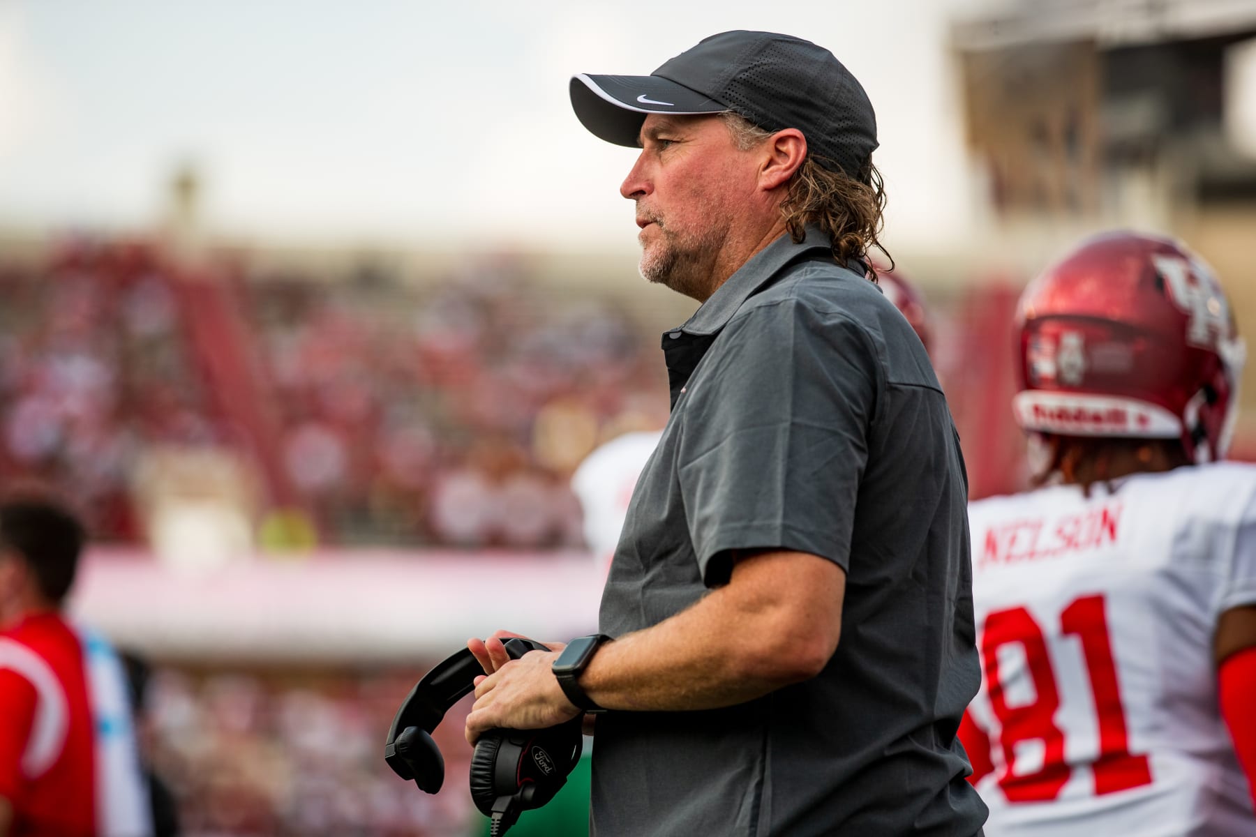 LUBBOCK, TEXAS - SEPTEMBER 10: Head coach Dana Holgorsen of the Houston Cougars looks on during the game against the Texas Tech Red Raiders at Jones AT&T Stadium on September 10, 2022 in Lubbock, Texas. (Photo by John E. Moore III/Getty Images)
