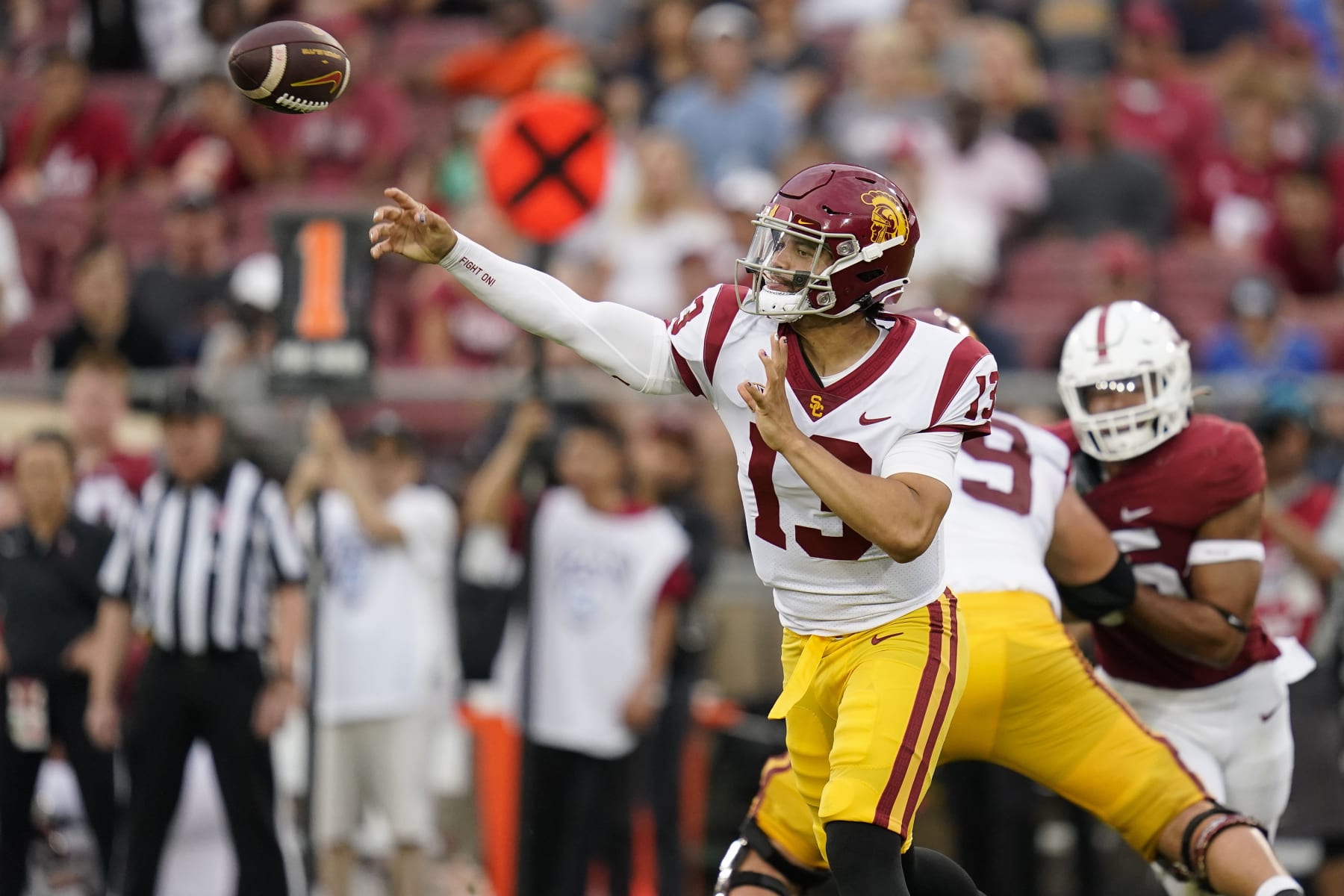 Southern California quarterback Caleb Williams throws a pass against Stanford during the second half of an NCAA college football game in Stanford, Calif., Saturday, Sept. 10, 2022. (AP Photo/Godofredo A. Vásquez)