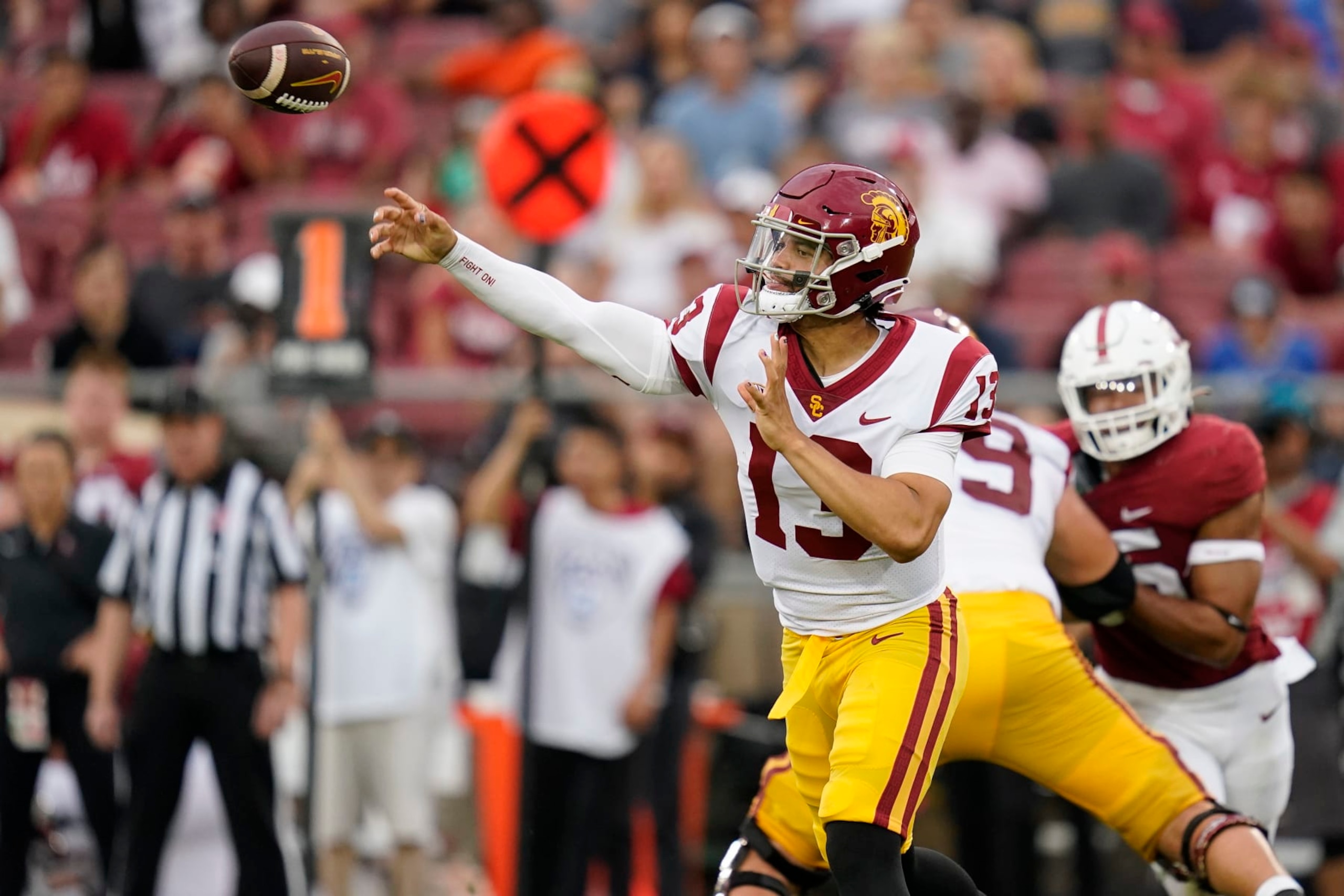 Southern California quarterback Caleb Williams throws a pass against Stanford during the second half of an NCAA college football game in Stanford, Calif., Saturday, Sept. 10, 2022. (AP Photo/Godofredo A. Vásquez)