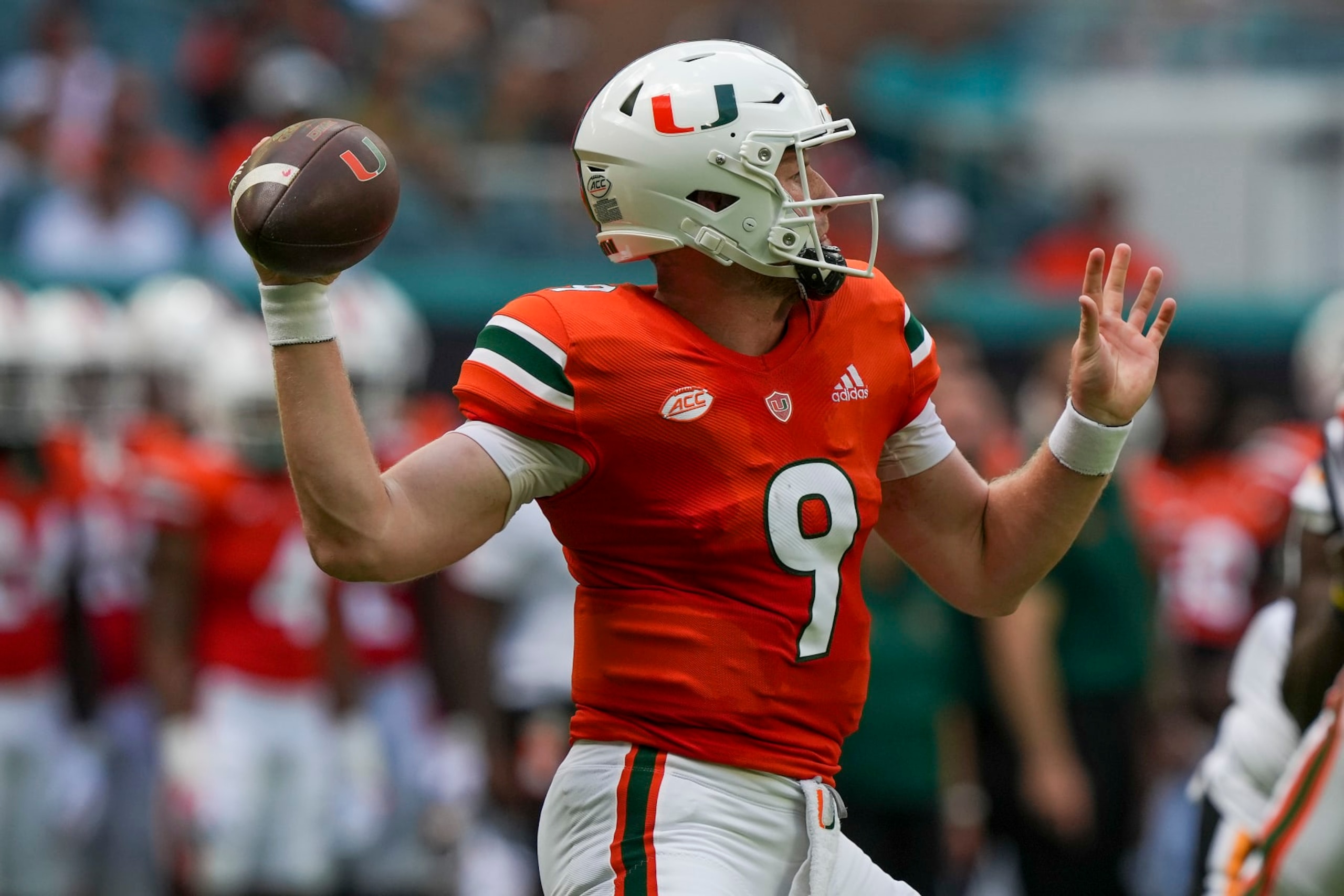 MIAMI GARDENS, FLORIDA - SEPTEMBER 10: Tyler Van Dyke #9 of the Miami Hurricanes attempts a pass during the first quarter against the Southern Miss Golden Eagles at Hard Rock Stadium on September 10, 2022 in Miami Gardens, Florida. (Photo by Eric Espada/Getty Images)