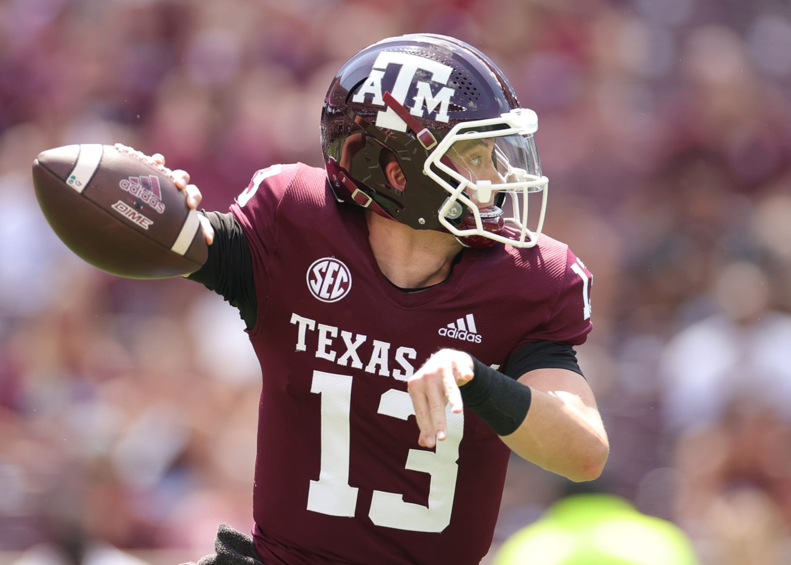 COLLEGE STATION, TEXAS - SEPTEMBER 10: Haynes King #13 of the Texas A&M Aggies looks to pass during the first half against the Appalachian State Mountaineers at Kyle Field on September 10, 2022 in College Station, Texas. (Photo by Carmen Mandato/Getty Images)
