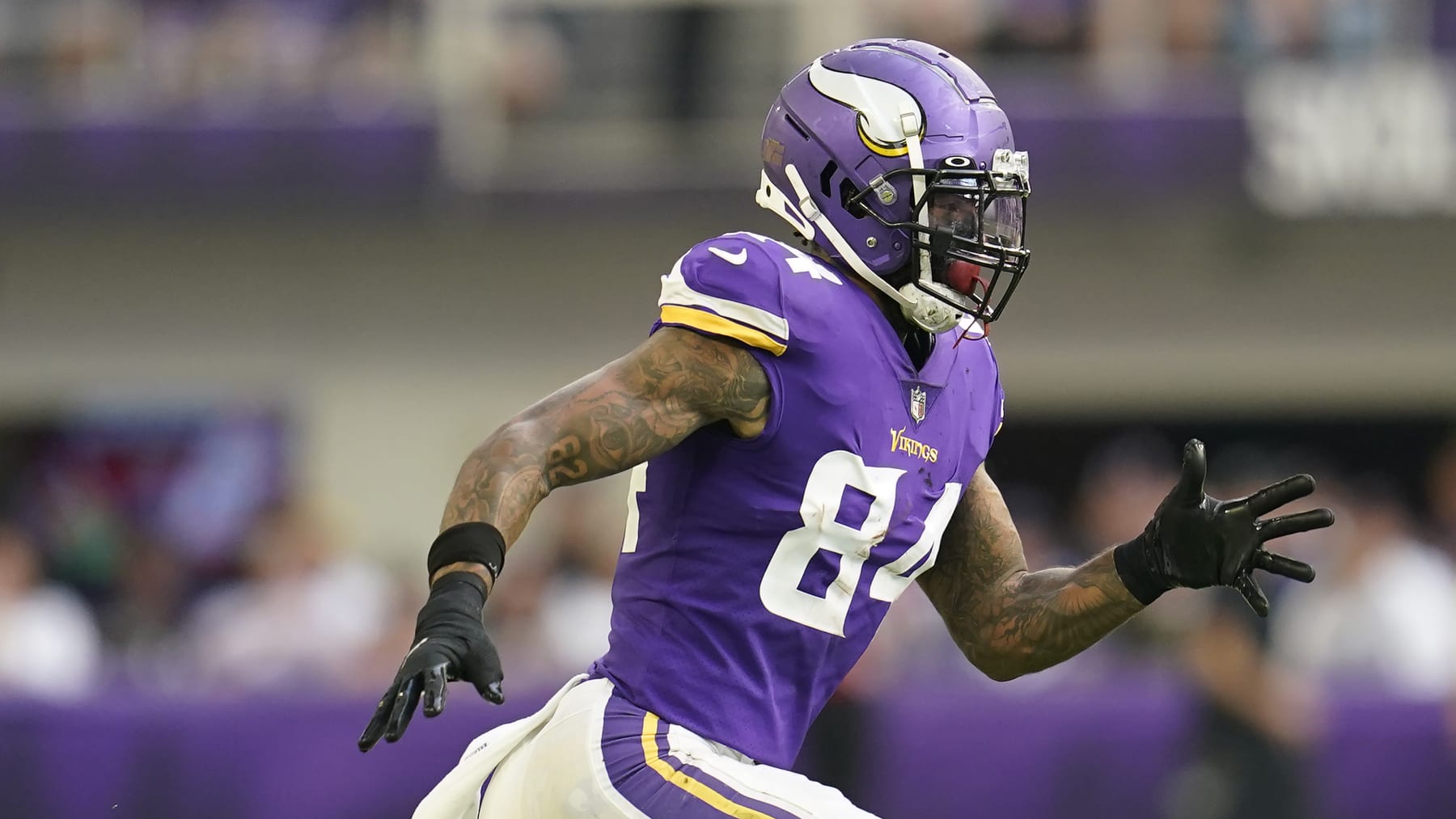 Minnesota Vikings tight end Irv Smith Jr. (84) runs a route during the second half of an NFL football game against the Green Bay Packers, Sunday, Sept. 11, 2022, in Minneapolis. (AP Photo/Abbie Parr)
