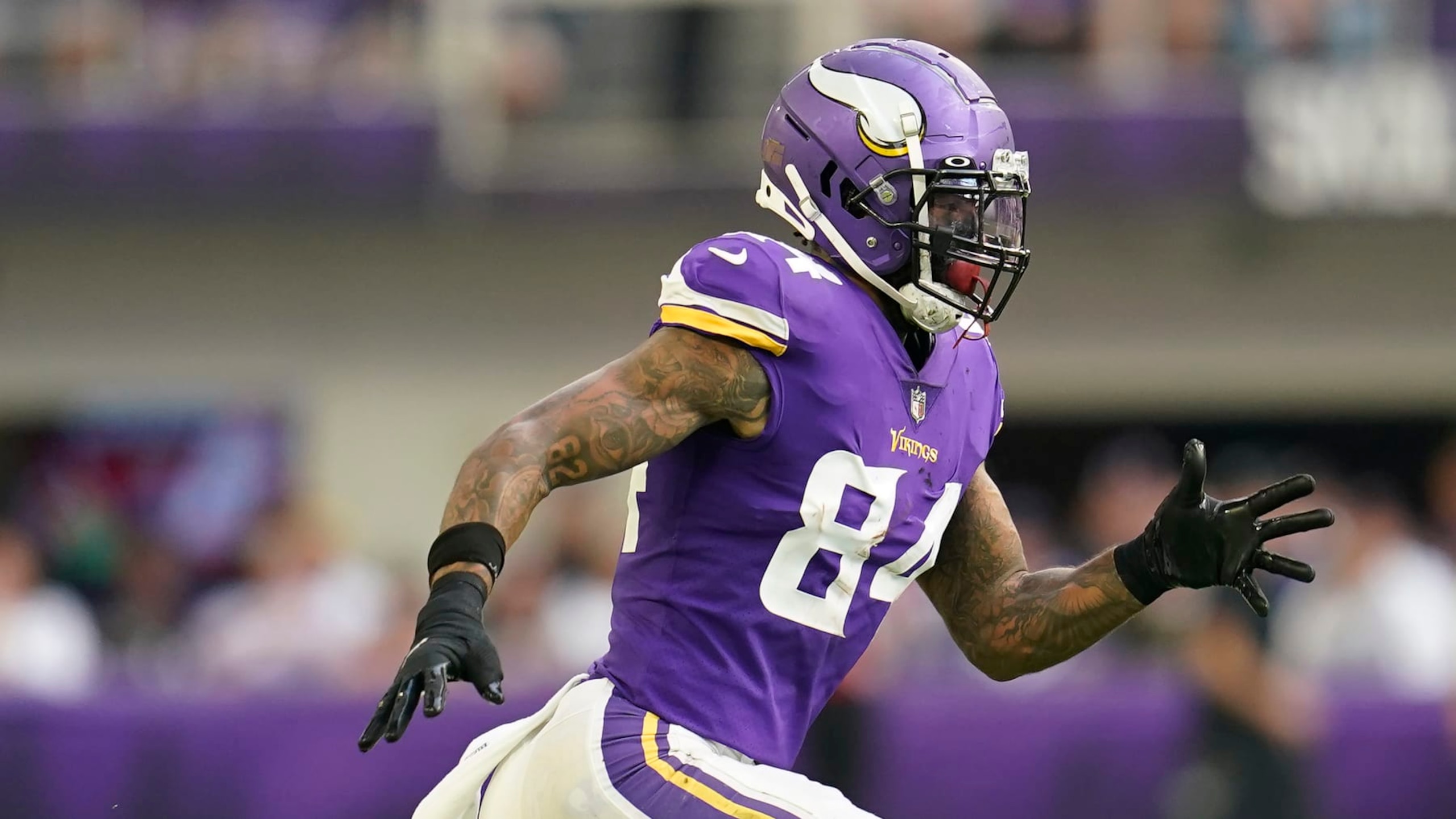 Minnesota Vikings tight end Irv Smith Jr. (84) runs a route during the second half of an NFL football game against the Green Bay Packers, Sunday, Sept. 11, 2022, in Minneapolis. (AP Photo/Abbie Parr)