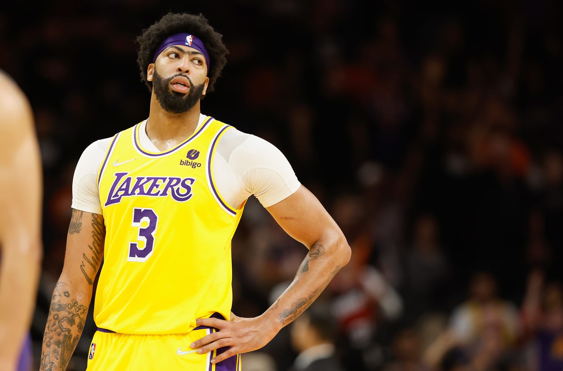 PHOENIX, ARIZONA - APRIL 05: Anthony Davis #3 of the Los Angeles Lakers reacts during the NBA game against the Phoenix Suns at Footprint Center on April 05, 2022 in Phoenix, Arizona.  The Suns defeated the Lakers 121-110. NOTE TO USER: User expressly acknowledges and agrees that, by downloading and or using this photograph, User is consenting to the terms and conditions of the Getty Images License Agreement. (Photo by Christian Petersen/Getty Images)