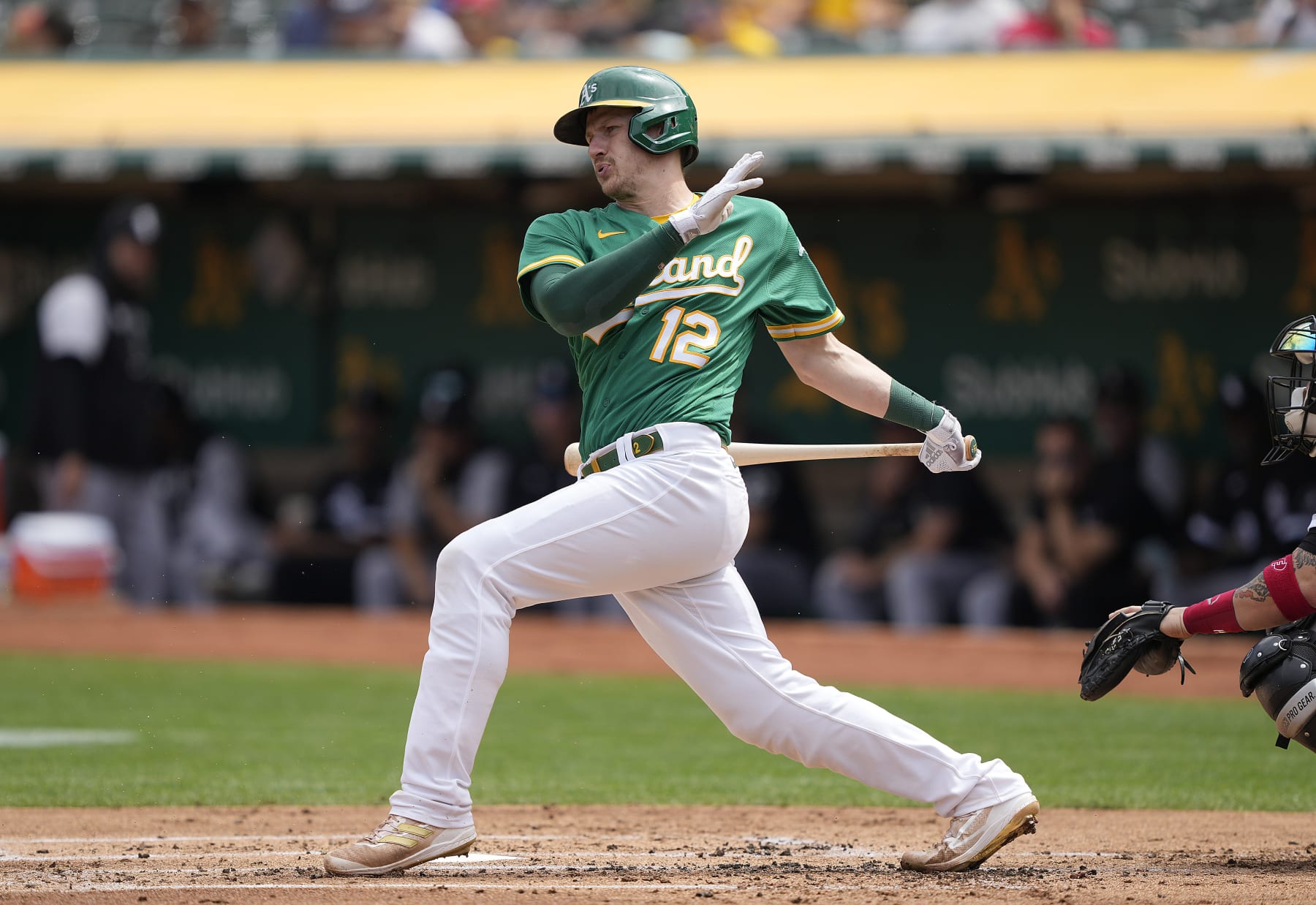 OAKLAND, CALIFORNIA - SEPTEMBER 11: Sean Murphy #12 of the Oakland Athletics bats against the Chicago White Sox in the bottom of the first inning at RingCentral Coliseum on September 11, 2022 in Oakland, California. (Photo by Thearon W. Henderson/Getty Images)