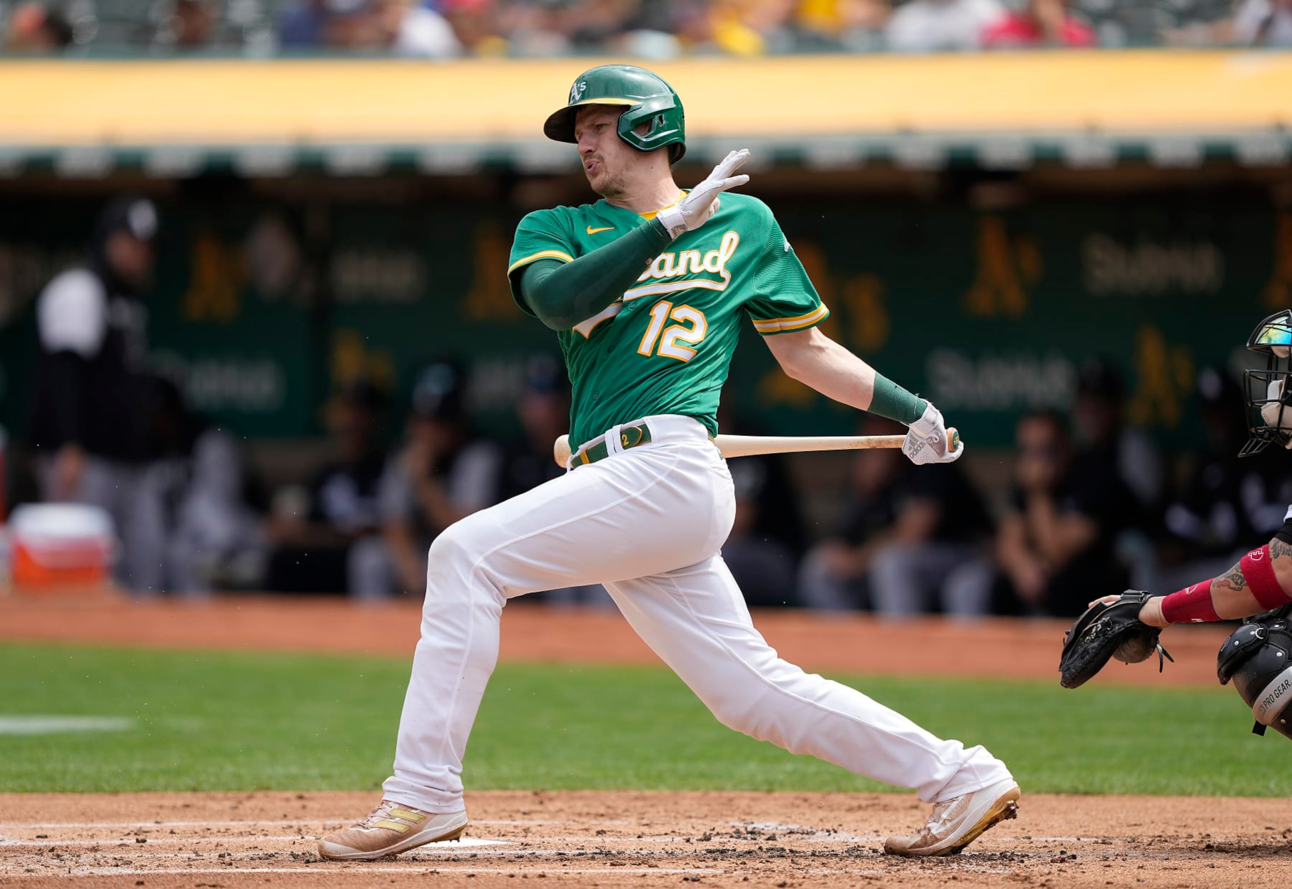 OAKLAND, CALIFORNIA - SEPTEMBER 11: Sean Murphy #12 of the Oakland Athletics bats against the Chicago White Sox in the bottom of the first inning at RingCentral Coliseum on September 11, 2022 in Oakland, California. (Photo by Thearon W. Henderson/Getty Images)
