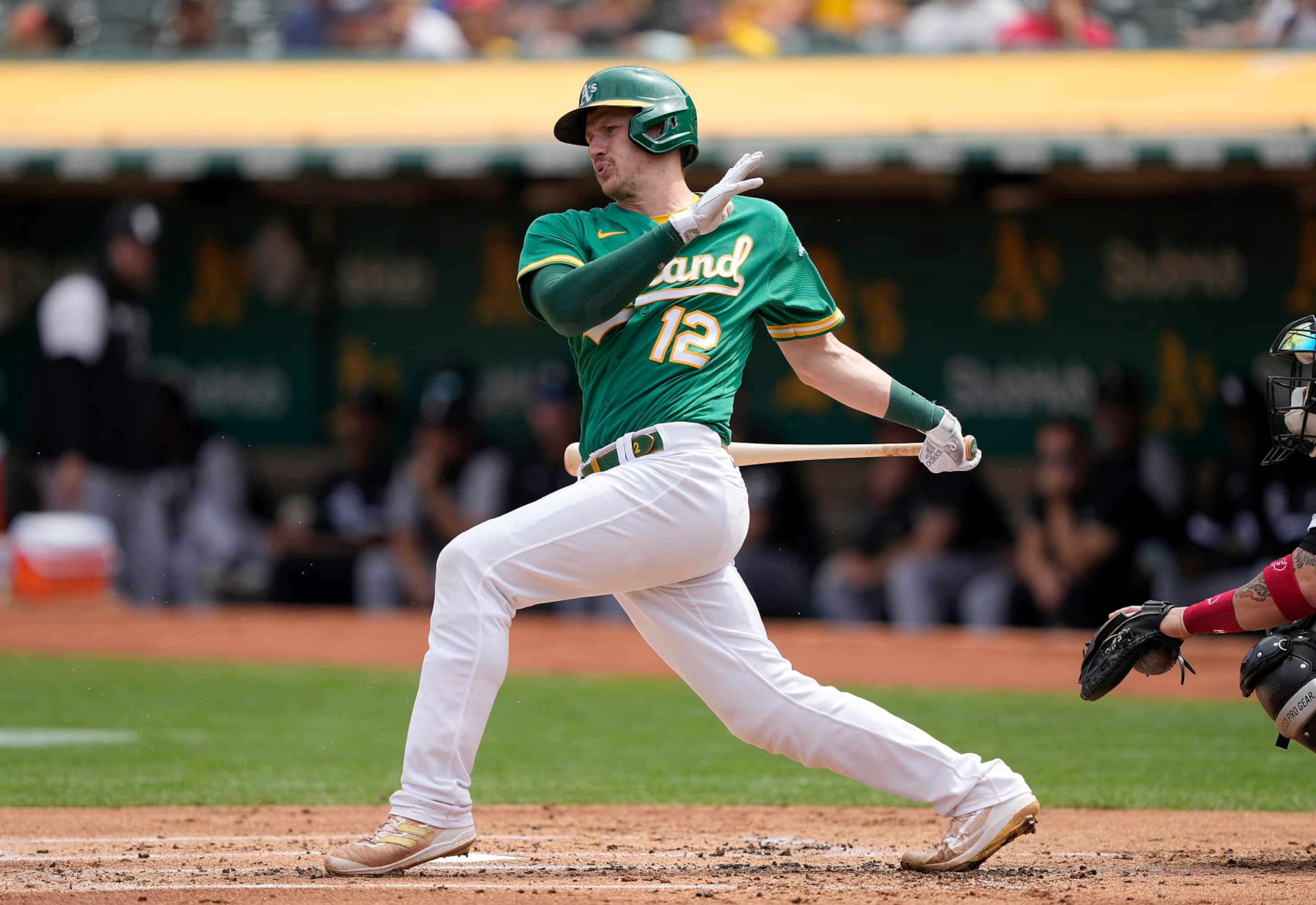 OAKLAND, CALIFORNIA - SEPTEMBER 11: Sean Murphy #12 of the Oakland Athletics bats against the Chicago White Sox in the bottom of the first inning at RingCentral Coliseum on September 11, 2022 in Oakland, California. (Photo by Thearon W. Henderson/Getty Images)