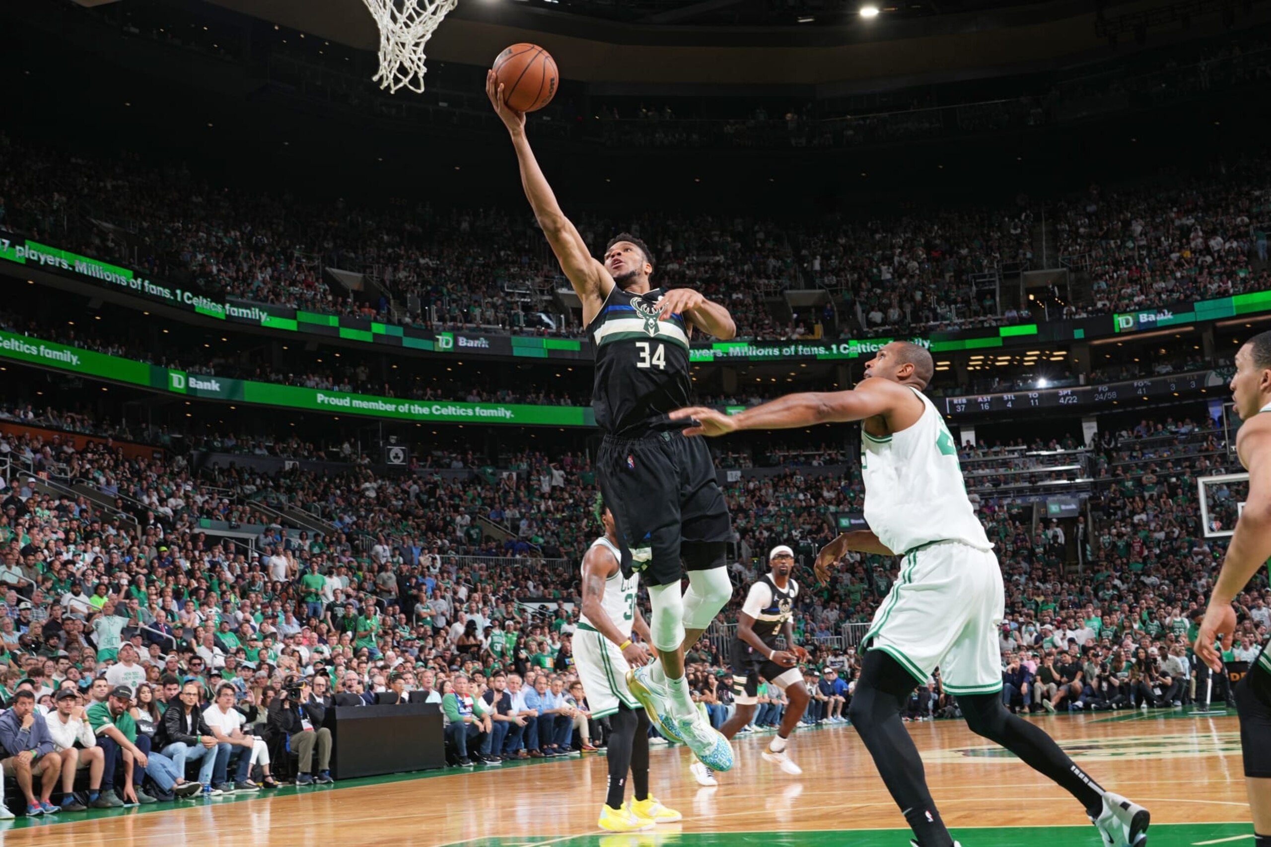BOSTON, MA - MAY 15: Giannis Antetokounmpo #34 of the Milwaukee Bucks dunks the ball against the Boston Celtics during Game 7 of the 2022 NBA Playoffs Eastern Conference Semifinals on May 15, 2022 at TD Garden in Boston, Massachusets. NOTE TO USER: User expressly acknowledges and agrees that, by downloading and/or using this Photograph, user is consenting to the terms and conditions of the Getty Images License Agreement. Mandatory Copyright Notice: Copyright 2022 NBAE (Photo by Jesse D. Garrabrant/NBAE via Getty Images)