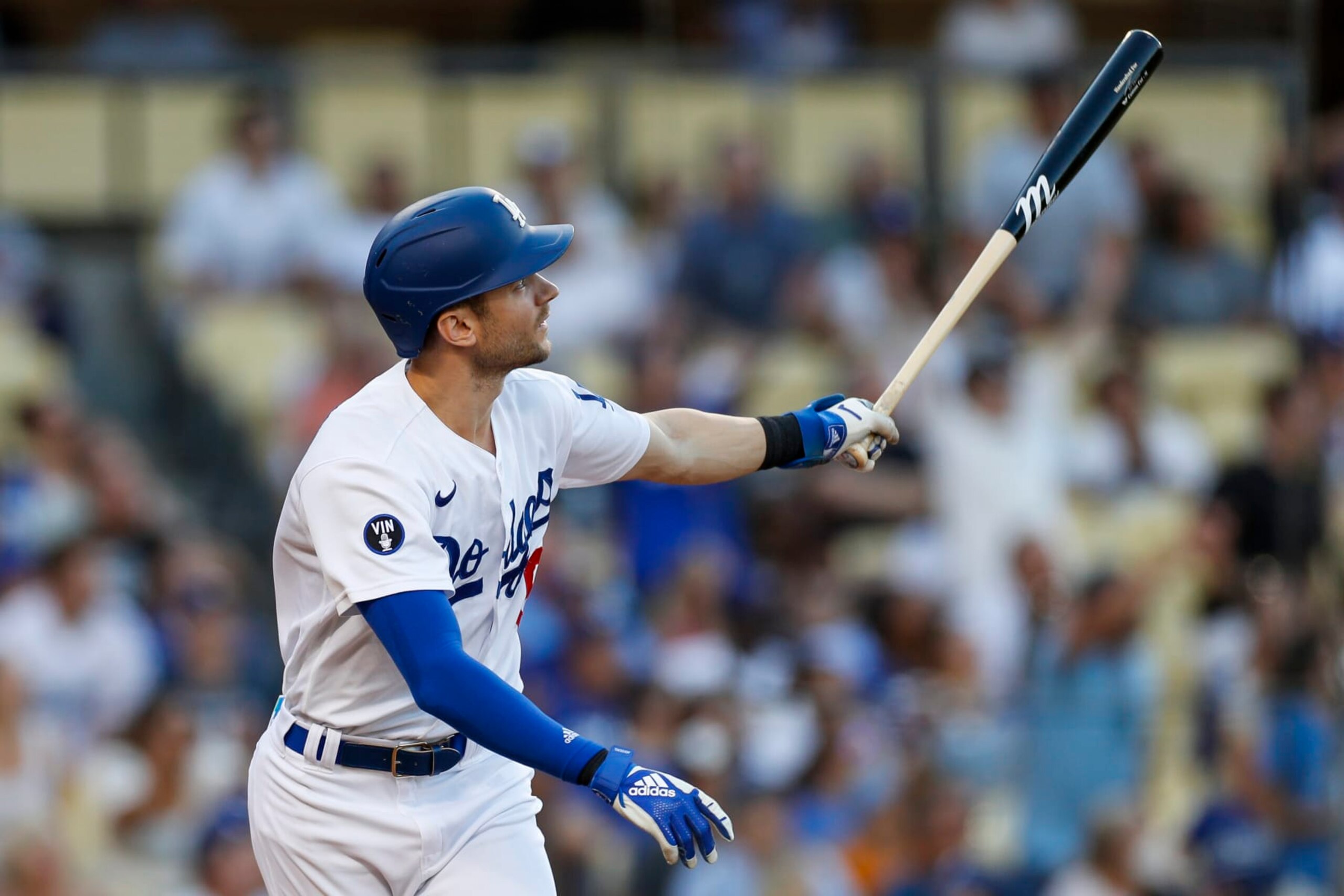 LOS ANGELES, CA - SEPTEMBER 03: Los Angeles Dodgers shortstop Trea Turner (6) hits a two-run home run in the first inning during a regular season game between the San Diego Padres and Los Angeles Dodgers on September 03, 2022, at Dodger Stadium in Los Angeles, CA. (Photo by Brandon Sloter/Icon Sportswire via Getty Images)