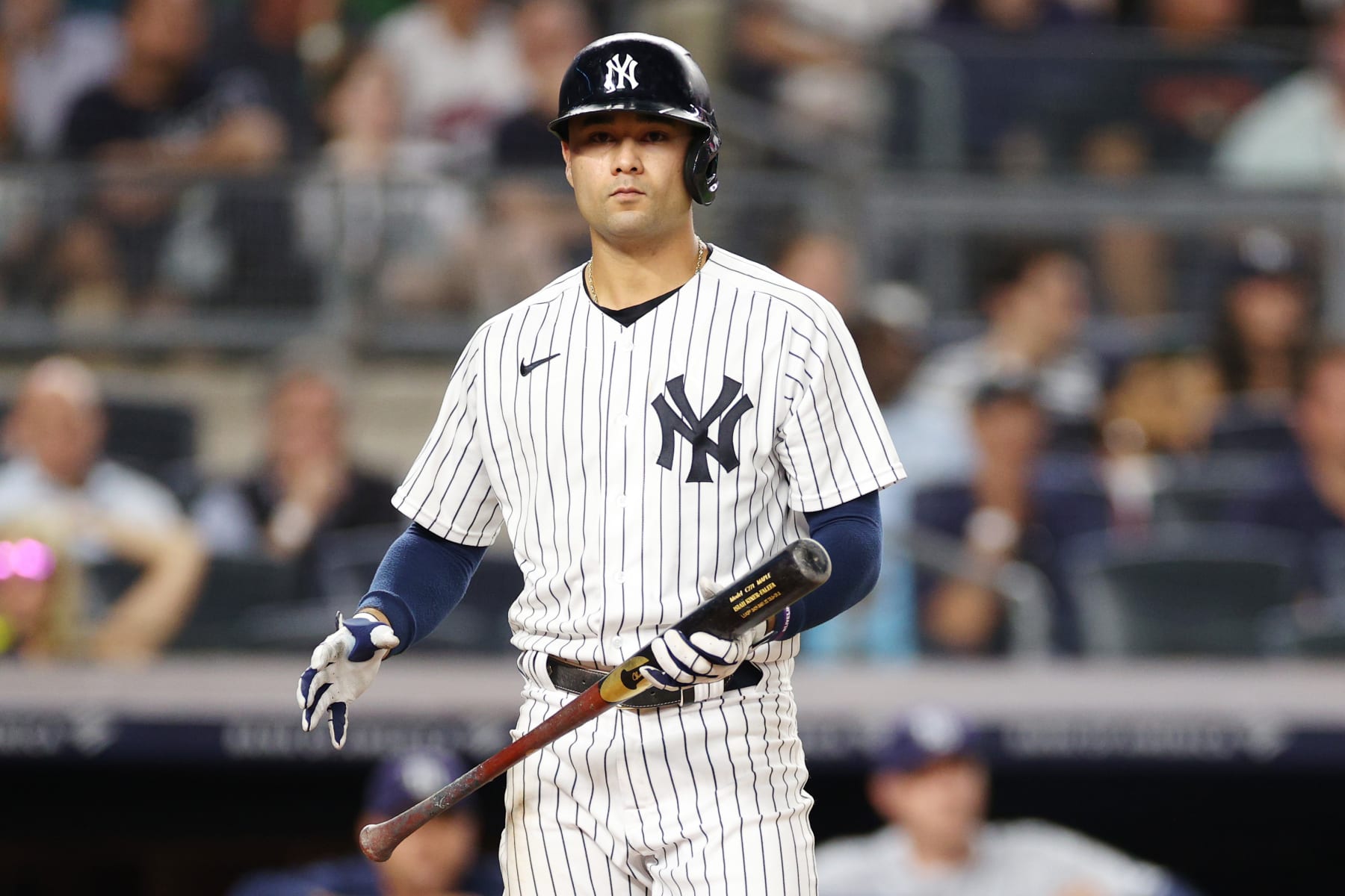 NEW YORK, NEW YORK - AUGUST 16: Isiah Kiner-Falefa #12 of the New York Yankees at bat during the fifth inning against the Tampa Bay Rays at Yankee Stadium on August 16, 2022 in the Bronx borough of New York City. (Photo by Sarah Stier/Getty Images)