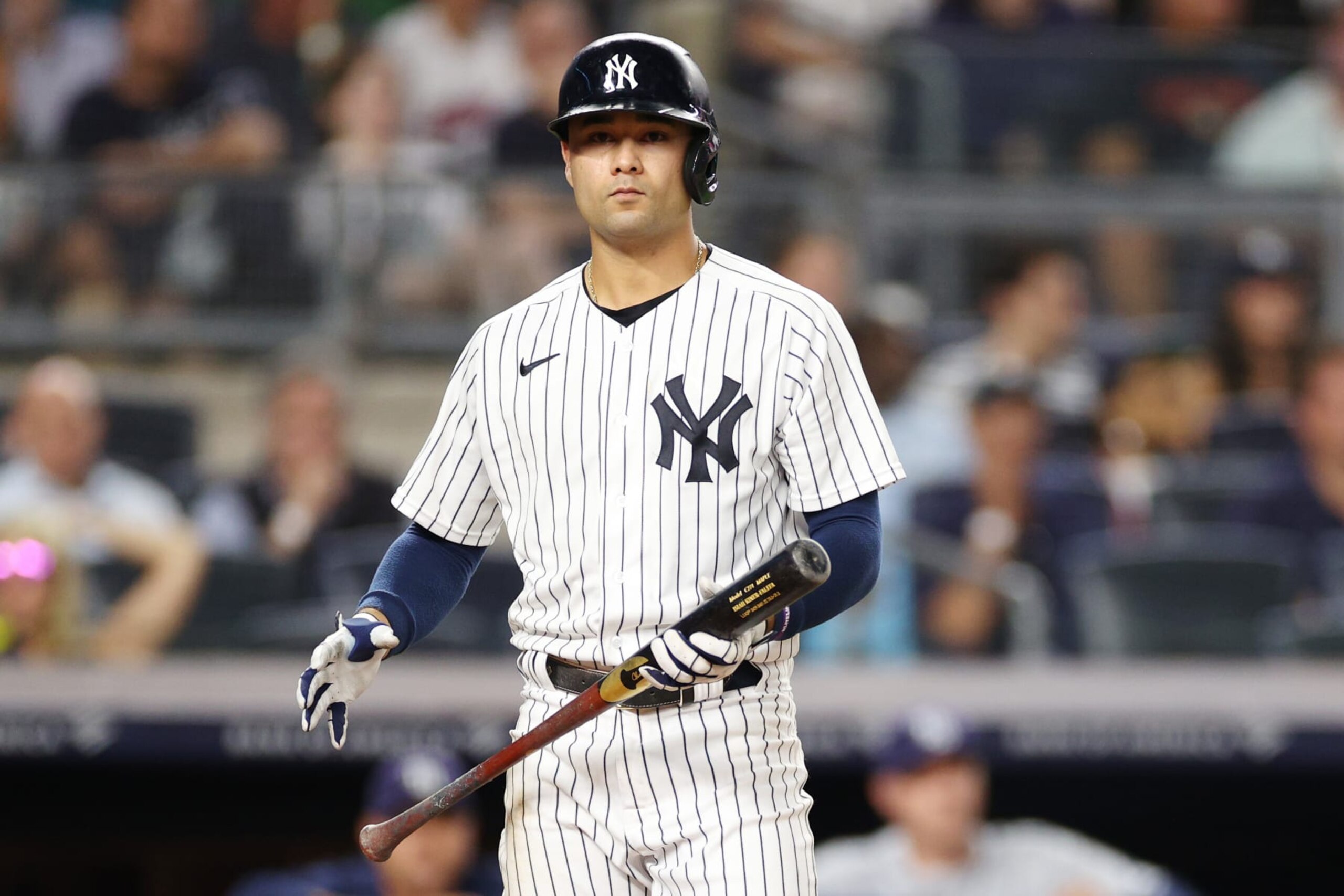 NEW YORK, NEW YORK - AUGUST 16: Isiah Kiner-Falefa #12 of the New York Yankees at bat during the fifth inning against the Tampa Bay Rays at Yankee Stadium on August 16, 2022 in the Bronx borough of New York City. (Photo by Sarah Stier/Getty Images)
