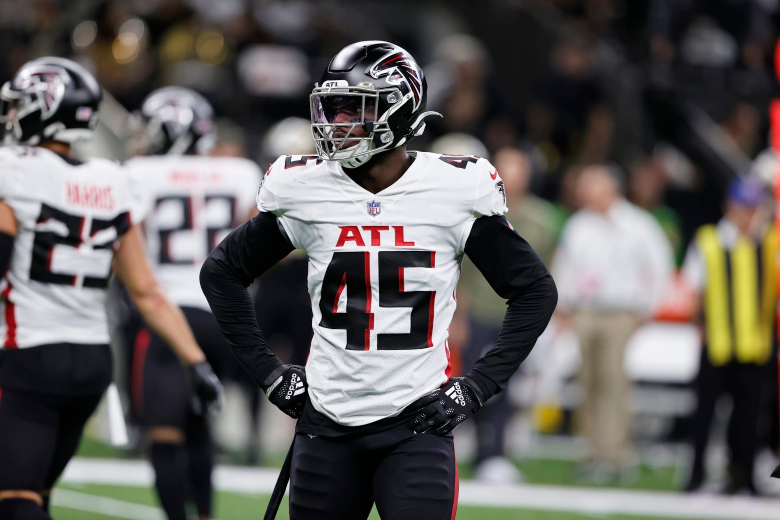 Atlanta Falcons linebacker Deion Jones (45) works against the New Orleans Saints during the second half of an NFL football game, Sunday, Nov. 7, 2021, in New Orleans. (AP Photo/Butch Dill)