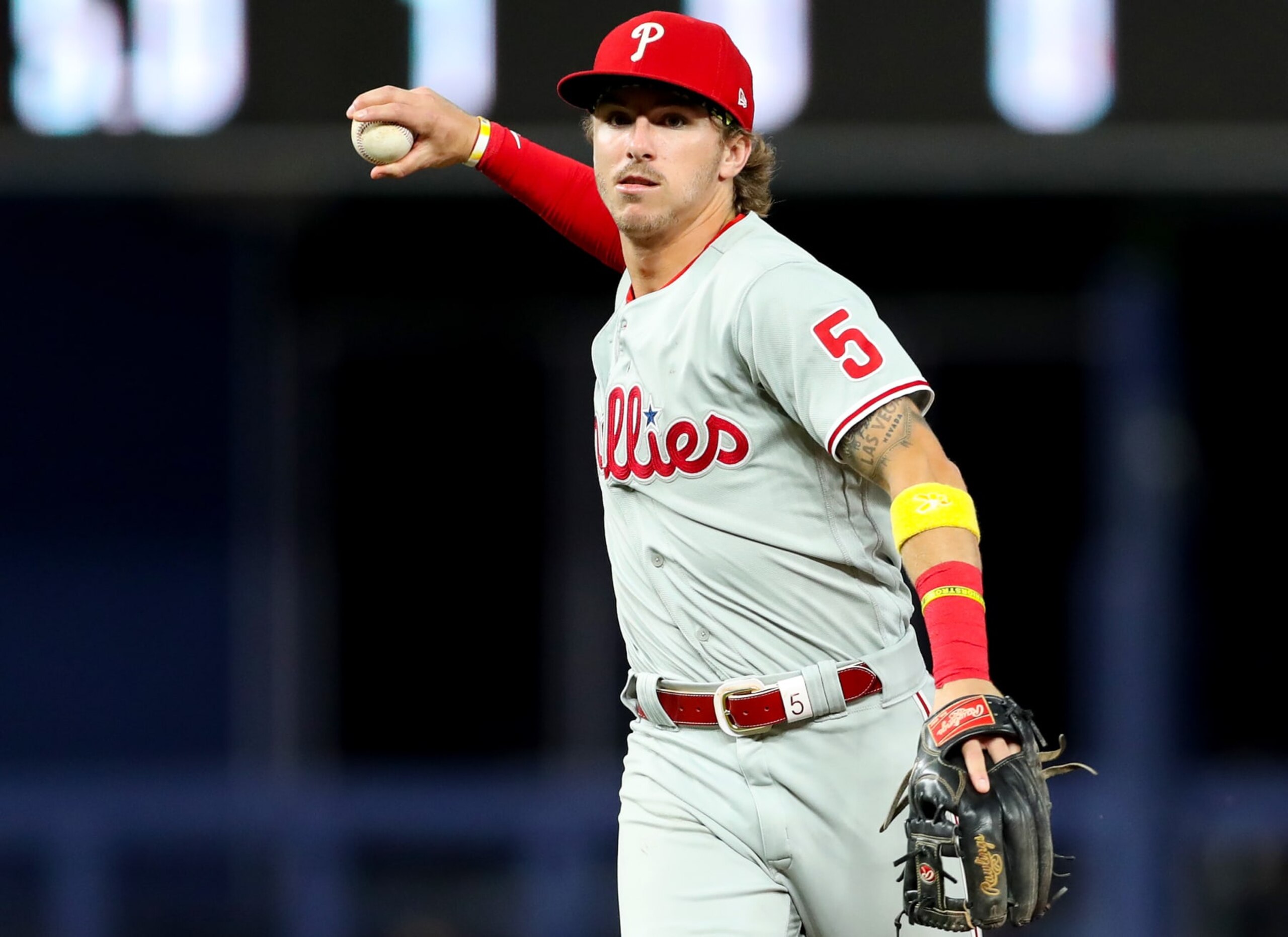MIAMI, FLORIDA - SEPTEMBER 14: Bryson Stott #5 of the Philadelphia Phillies in action against the Miami Marlins at loanDepot park on September 14, 2022 in Miami, Florida. (Photo by Megan Briggs/Getty Images)