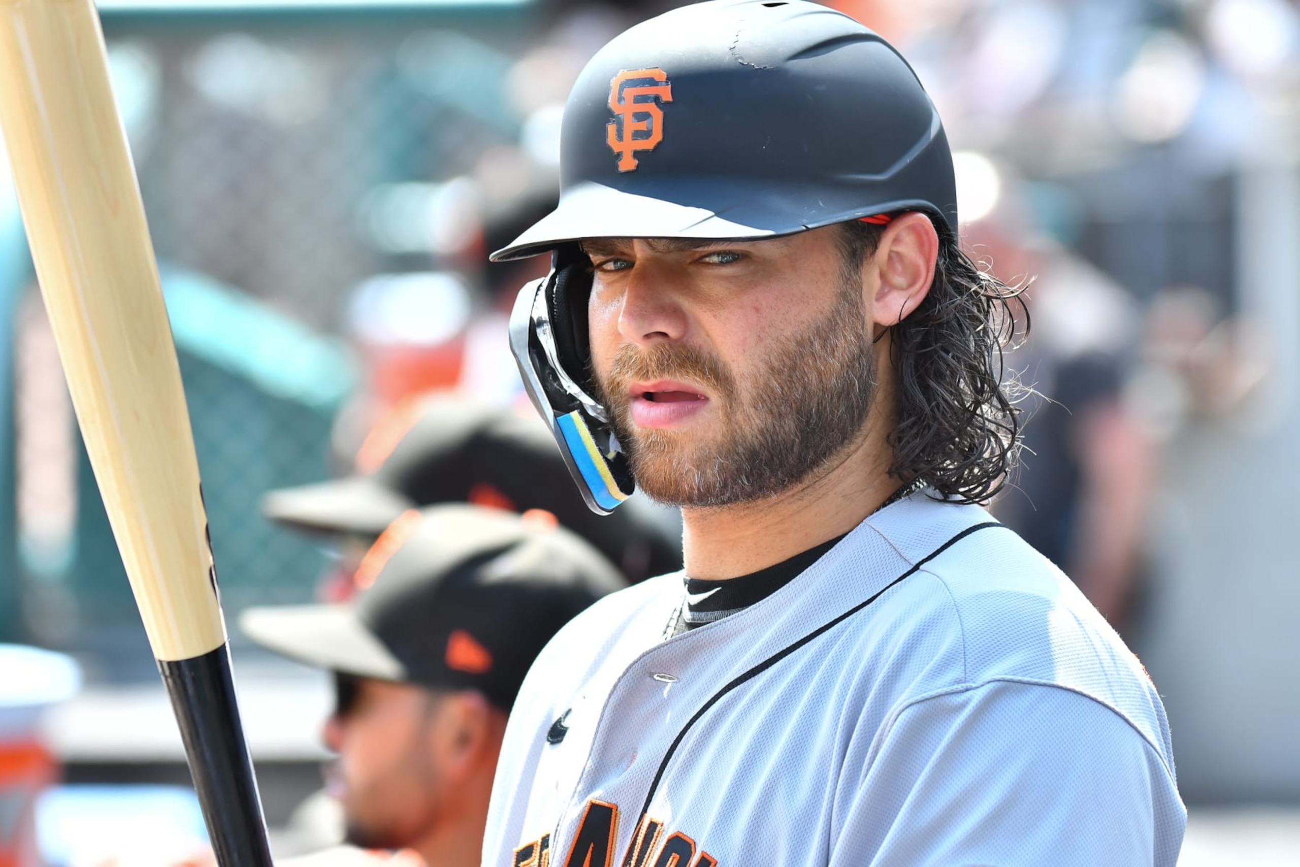 DETROIT, MI - AUGUST 24: San Francisco Giants shortstop Brandon Crawford (35) gets ready to bat in the dugout during the Detroit Tigers versus the San Francisco Giants on Wednesday August 24, 2022 at Comerica Park in Detroit, MI. (Photo by Steven King/Icon Sportswire via Getty Images)