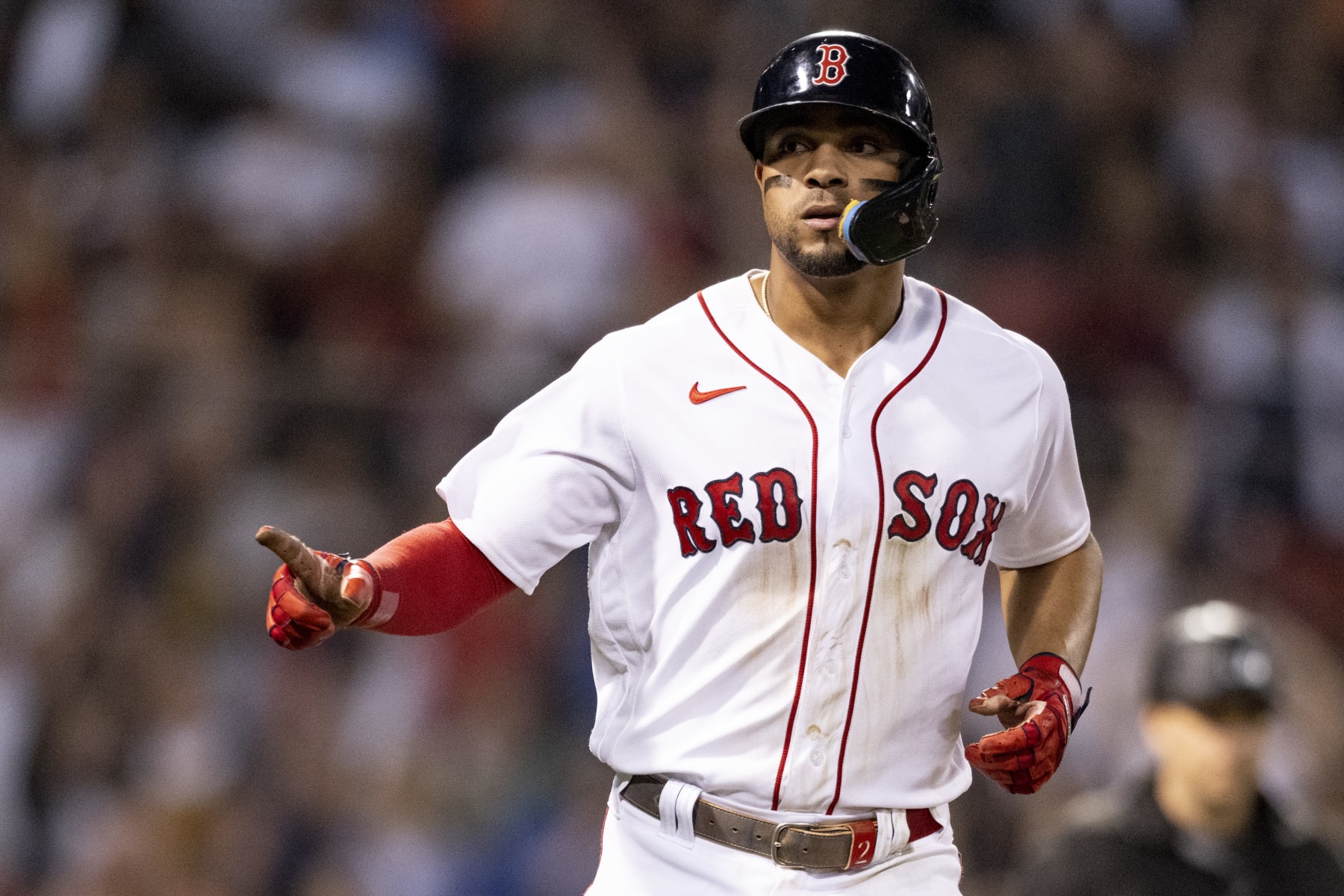 BOSTON, MA - SEPTEMBER 13: Xander Bogaerts #2 of the Boston Red Sox reacts after hitting a home run during the sixth inning of a game against the New York Yankees on September 13, 2022 at Fenway Park in Boston, Massachusetts. (Photo by Maddie Malhotra/Boston Red Sox/Getty Images)