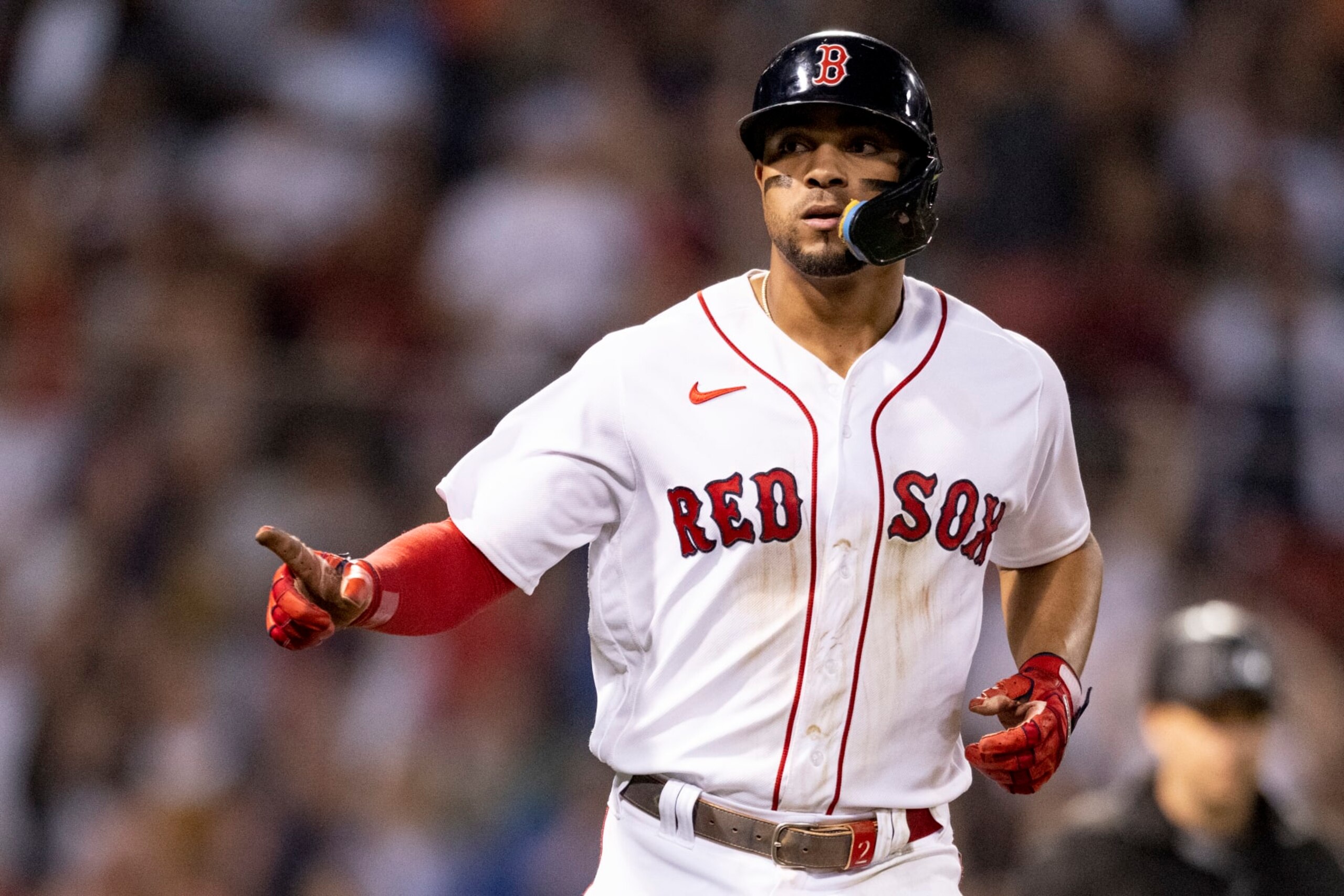 BOSTON, MA - SEPTEMBER 13: Xander Bogaerts #2 of the Boston Red Sox reacts after hitting a home run during the sixth inning of a game against the New York Yankees on September 13, 2022 at Fenway Park in Boston, Massachusetts. (Photo by Maddie Malhotra/Boston Red Sox/Getty Images)