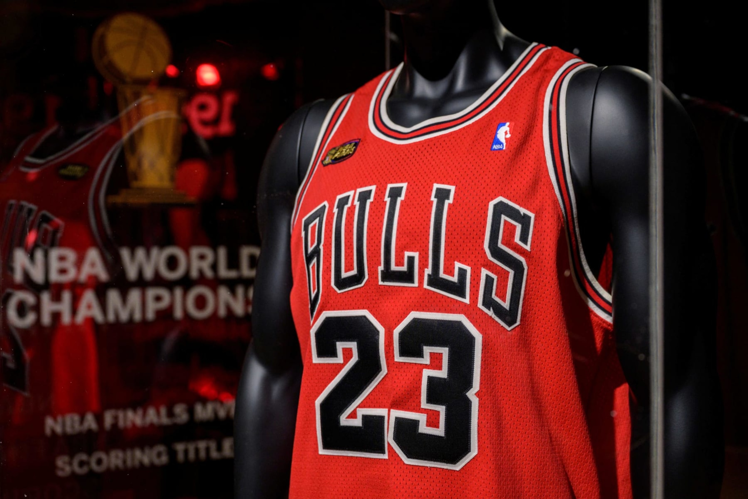 Michael Jordans game-worn 1998 NBA Finals The Last Dance jersey, from game 1, is displayed during Sothebys Invictus sales, in New York City on September 6, 2022. - The iconic red Chicago Bulls jersey, with Jordan's number 23 on the back, is only the second worn by the star during his six championships to be sold at auction. (Photo by ANGELA WEISS / AFP) (Photo by ANGELA WEISS/AFP via Getty Images)