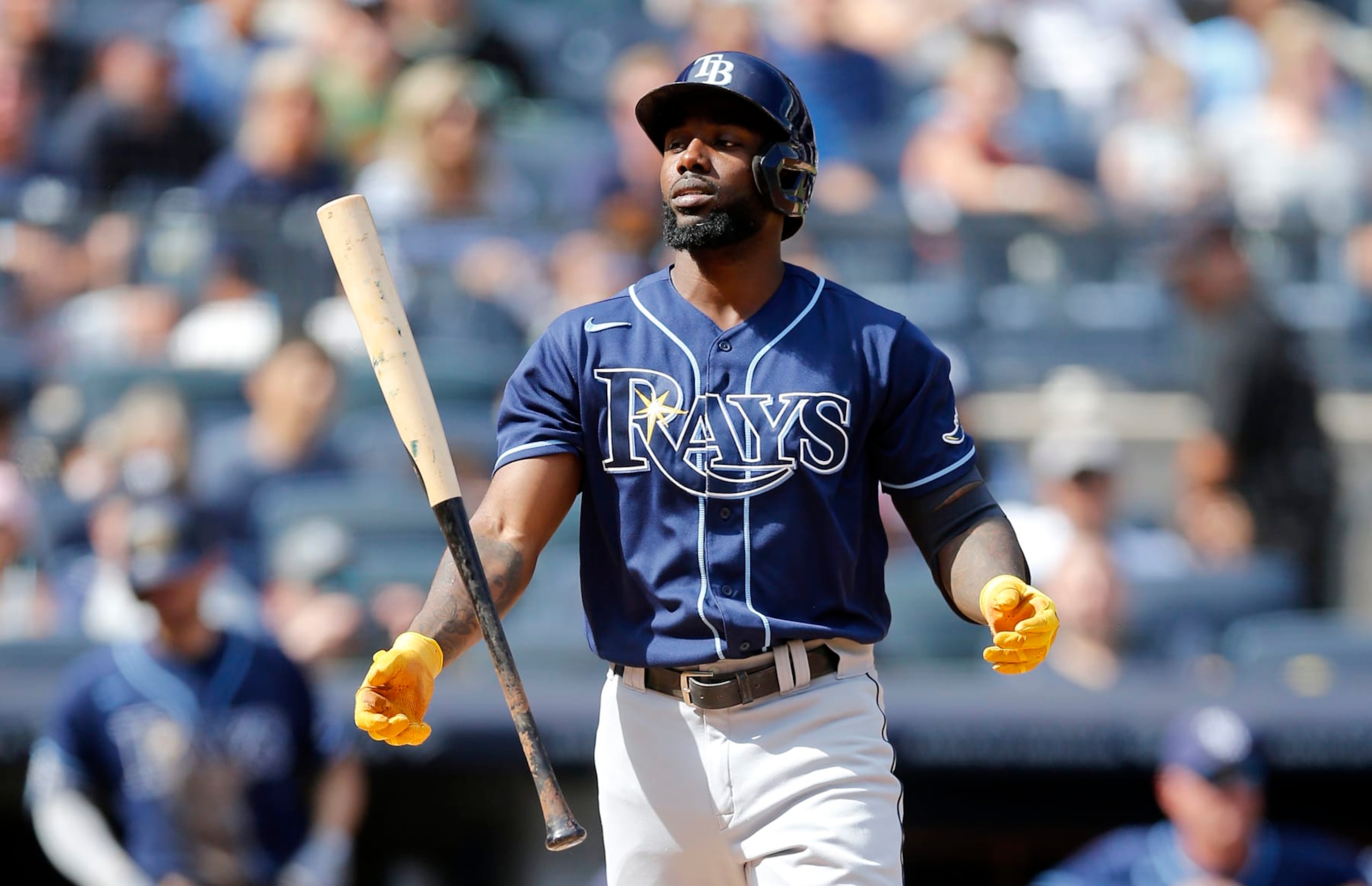 NEW YORK, NEW YORK - SEPTEMBER 10:  Randy Arozarena #56 of the Tampa Bay Rays reacts after striking out during the sixth inning against the New York Yankees at Yankee Stadium on September 10, 2022 in the Bronx borough of New York City. (Photo by Jim McIsaac/Getty Images)