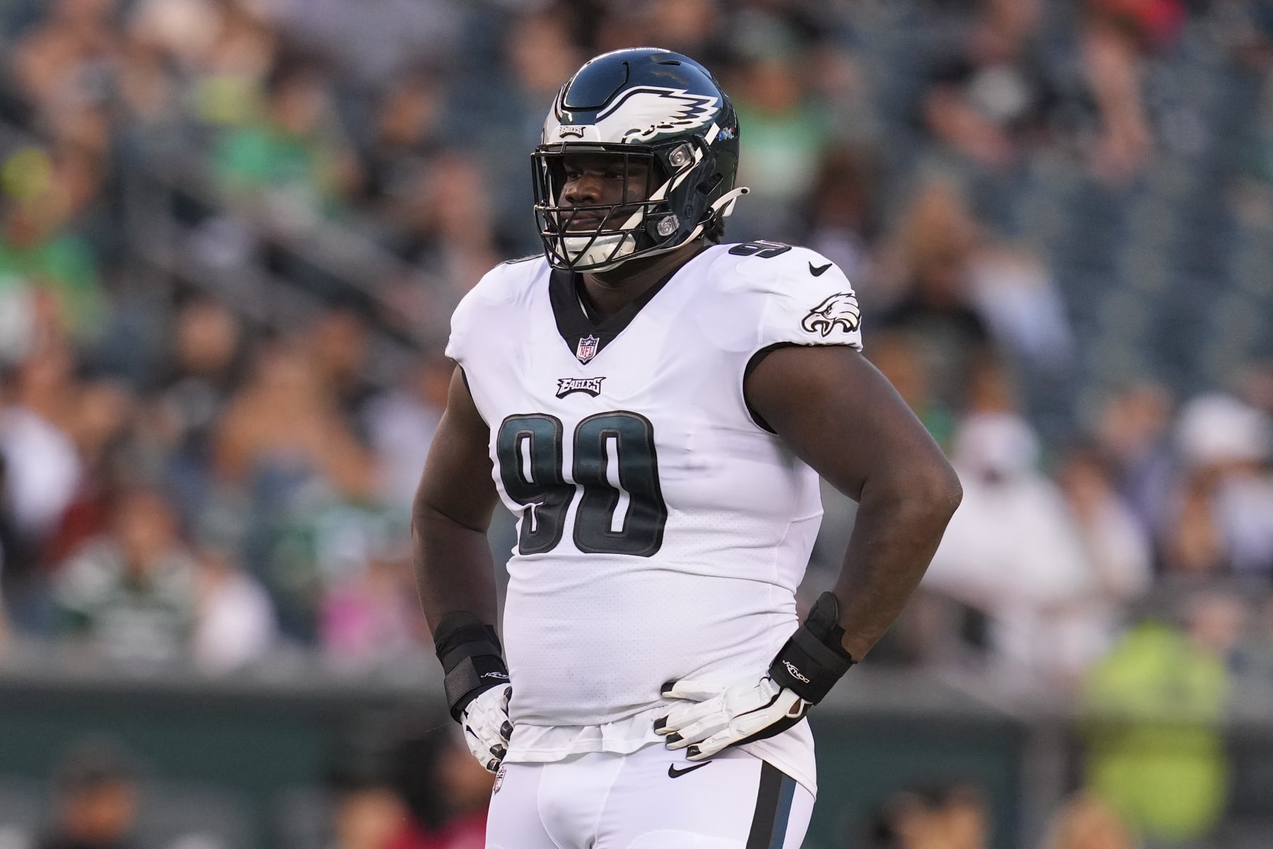 PHILADELPHIA, PA - AUGUST 12: Jordan Davis #90 of the Philadelphia Eagles looks on against the New York Jets during the preseason game at Lincoln Financial Field on August 12, 2022 in Philadelphia, Pennsylvania. The Jets defeated the Eagles 24-21. (Photo by Mitchell Leff/Getty Images)