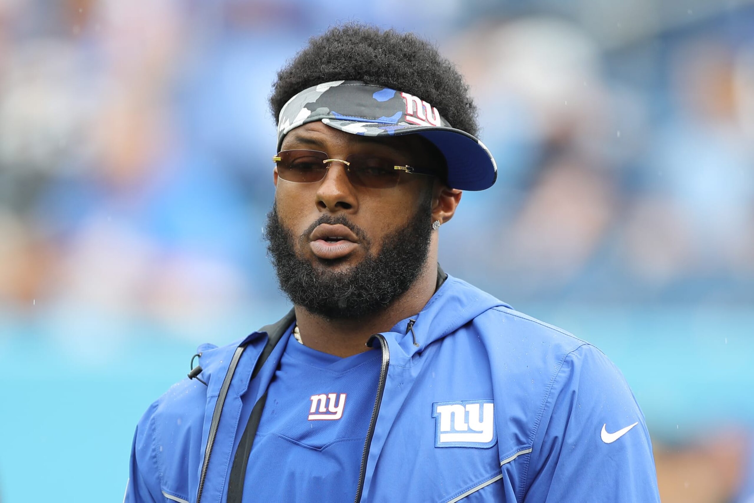 NASHVILLE, TENNESSEE - SEPTEMBER 11: Defensive end Kayvon Thibodeaux #5 of the New York Giants looks onward during warm ups against the Tennessee Titans at Nissan Stadium on September 11, 2022 in Nashville, Tennessee. (Photo by Justin Ford/Getty Images)