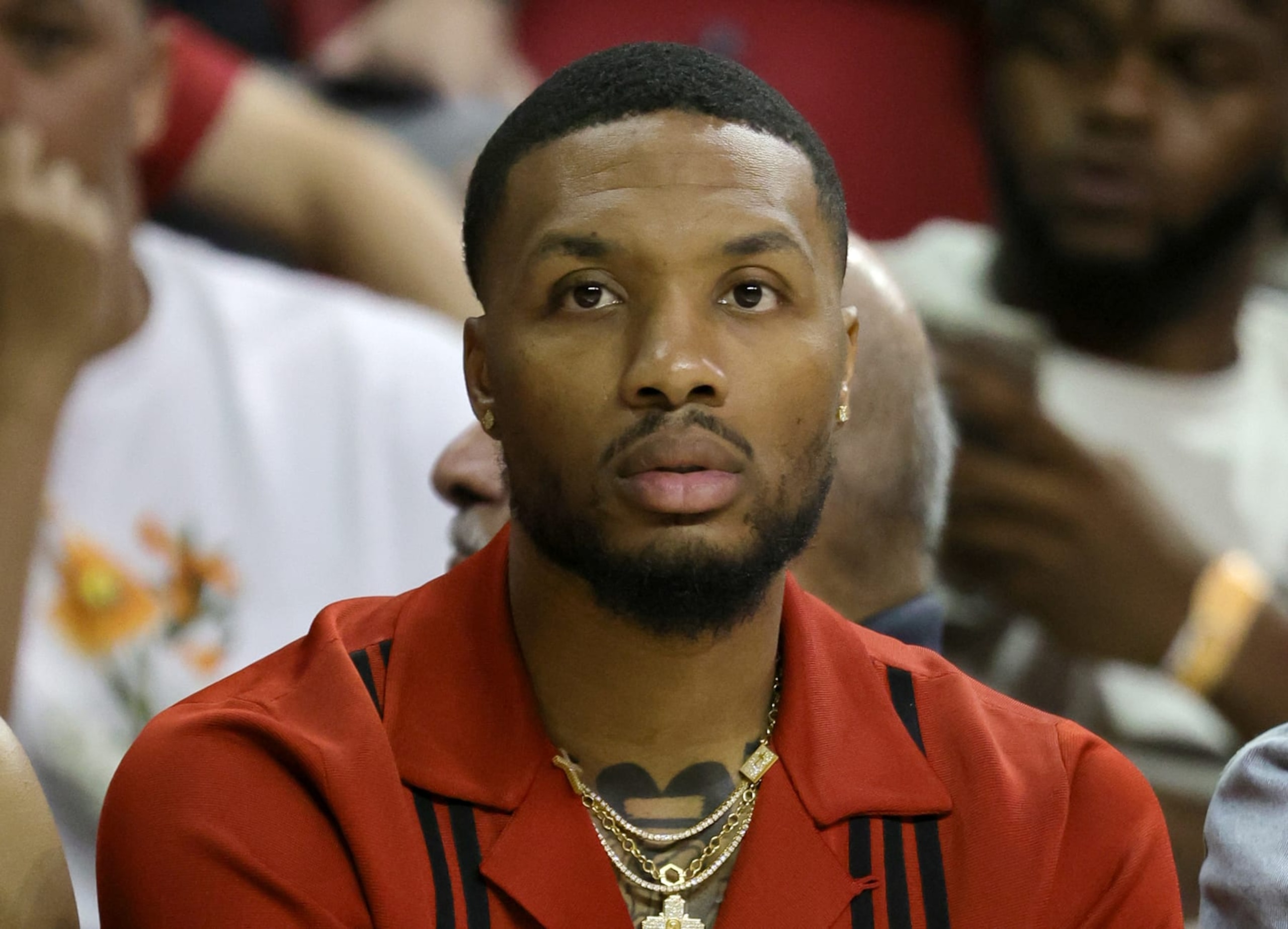 LAS VEGAS, NEVADA - JULY 09: Damian Lillard of the Portland Trail Blazers attends the 2022 NBA Summer League at the Thomas & Mack Center on July 09, 2022 in Las Vegas, Nevada. NOTE TO USER: User expressly acknowledges and agrees that, by downloading and or using this photograph, User is consenting to the terms and conditions of the Getty Images License Agreement. (Photo by Ethan Miller/Getty Images)