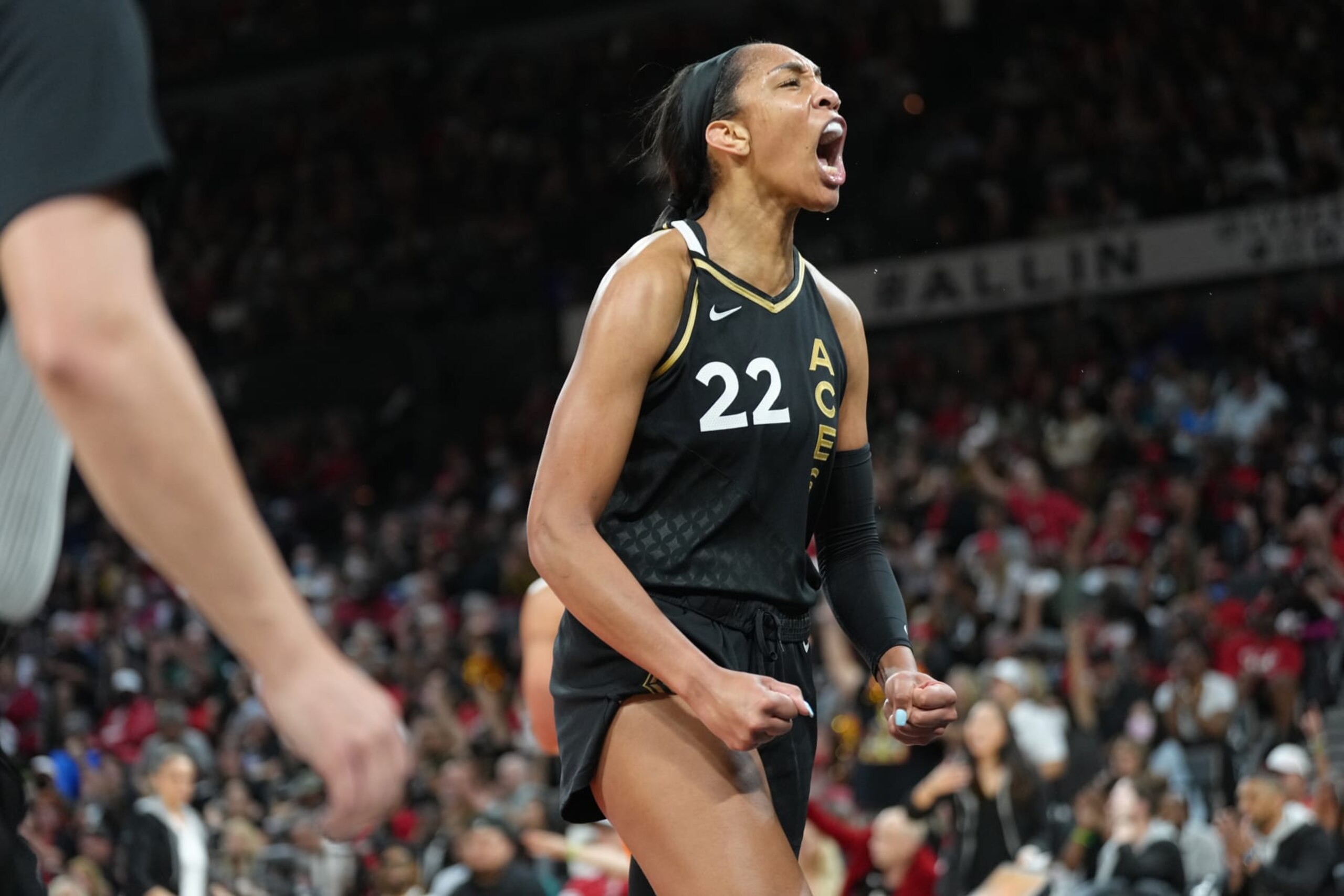 LAS VEGAS, NV - SEPTEMBER 13: A'ja Wilson #22 of the Las Vegas Aces reacts to a play during Game 2 of the 2022 WNBA Finals on September 13, 2022 at Michelob ULTRA Arena in Las Vegas, Nevada. NOTE TO USER: User expressly acknowledges and agrees that, by downloading and or using this photograph, User is consenting to the terms and conditions of the Getty Images License Agreement. Mandatory Copyright Notice: Copyright 2022 NBAE (Photo by Jeff Bottari/NBAE via Getty Images)