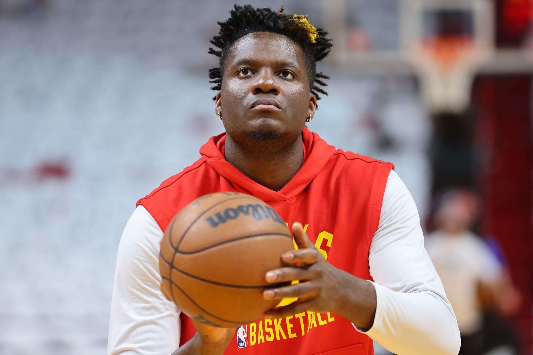 MIAMI, FLORIDA - APRIL 19: Clint Capela #15 of the Atlanta Hawks warms up prior to Game Two of the Eastern Conference First Round against the Miami Heat at FTX Arena on April 19, 2022 in Miami, Florida. NOTE TO USER: User expressly acknowledges and agrees that, by downloading and or using this photograph, User is consenting to the terms and conditions of the Getty Images License Agreement.  (Photo by Michael Reaves/Getty Images)