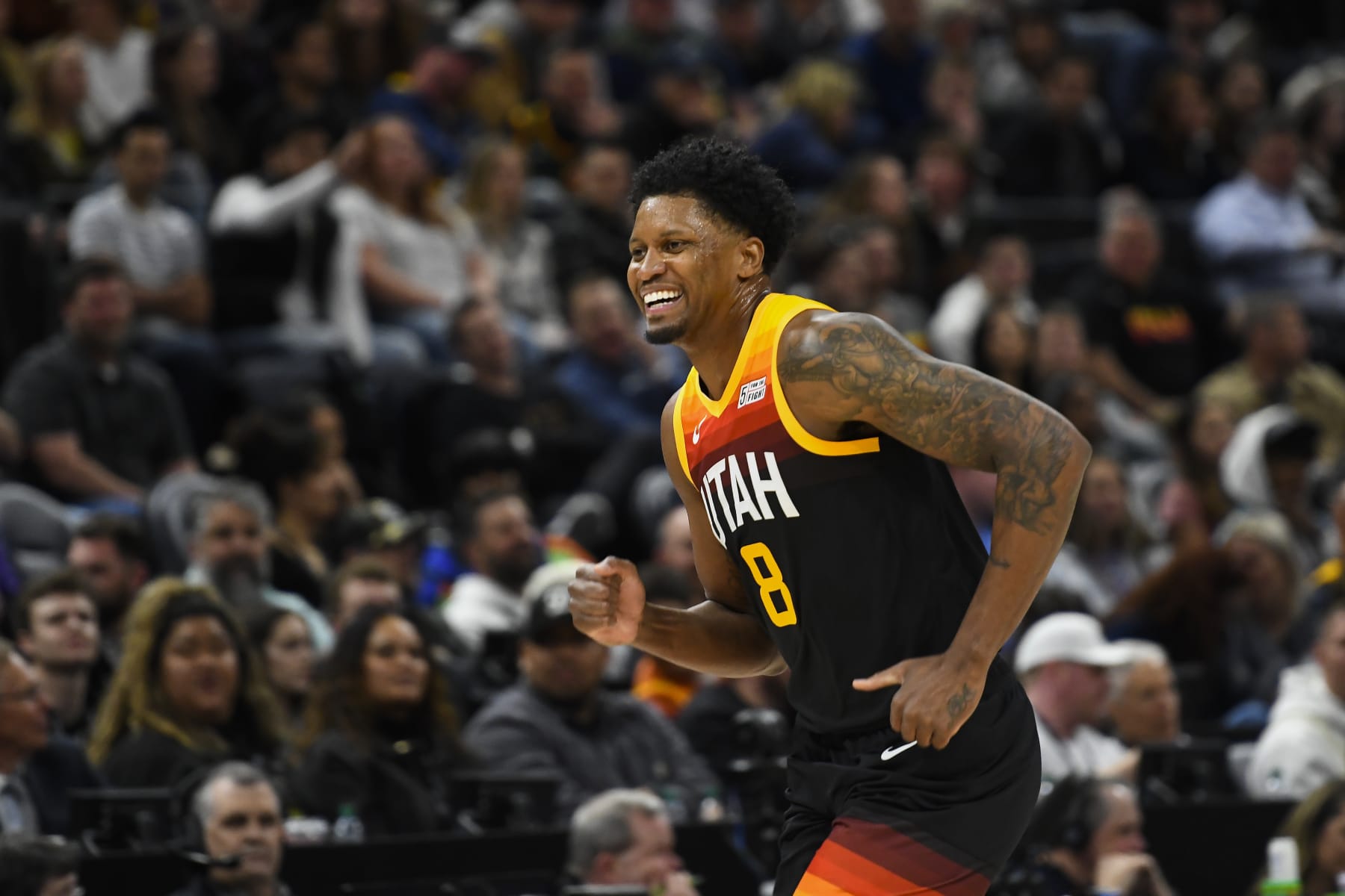 SALT LAKE CITY, UTAH - MARCH 09: Rudy Gay #8 of the Utah Jazz reacts to a play during the first half of a game against the Portland Trail Blazers at Vivint Smart Home Arena on March 09, 2022 in Salt Lake City, Utah. NOTE TO USER: User expressly acknowledges and agrees that, by downloading and or using this photograph, User is consenting to the terms and conditions of the Getty Images License Agreement. (Photo by Alex Goodlett/Getty Images)