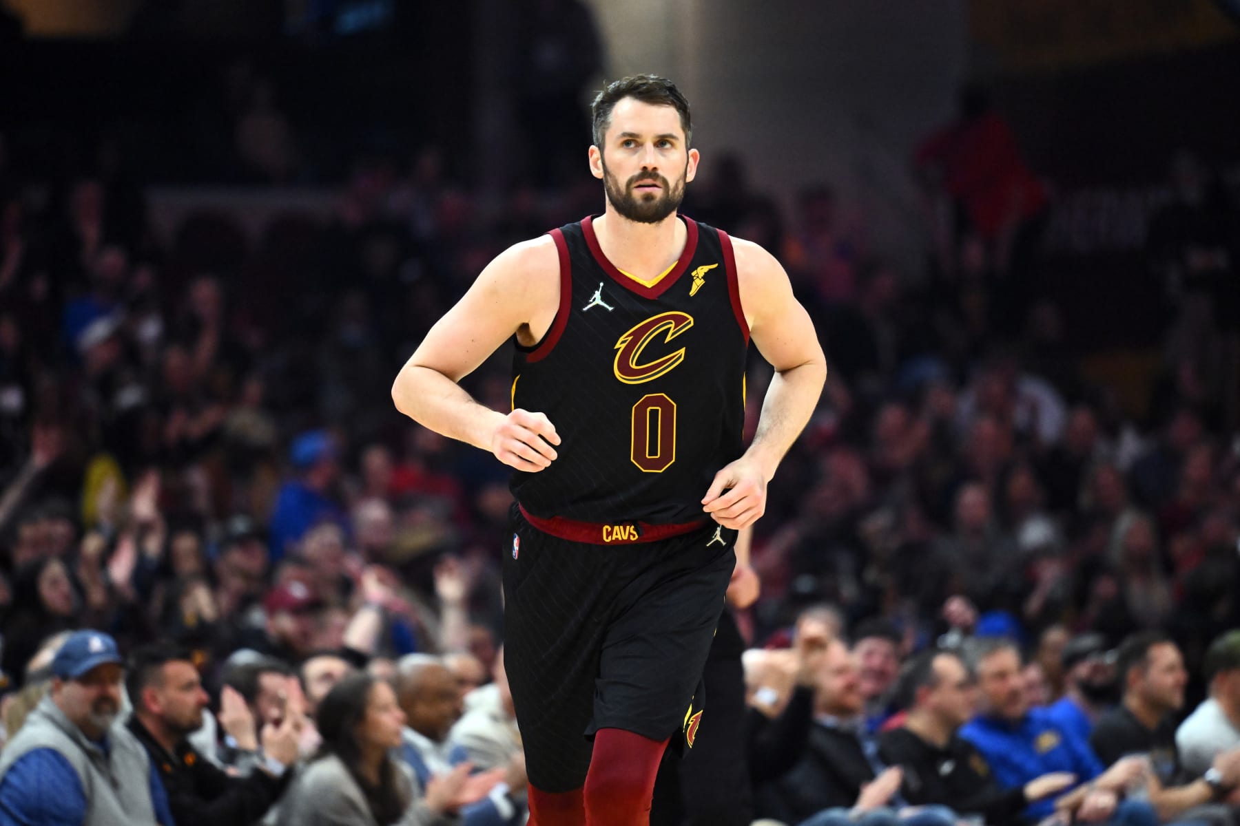 CLEVELAND, OHIO - MARCH 30: Kevin Love #0 of the Cleveland Cavaliers runs down court during the first quarter against the Dallas Mavericks at Rocket Mortgage Fieldhouse on March 30, 2022 in Cleveland, Ohio. NOTE TO USER: User expressly acknowledges and agrees that, by downloading and/or using this photograph, user is consenting to the terms and conditions of the Getty Images License Agreement. (Photo by Jason Miller/Getty Images)