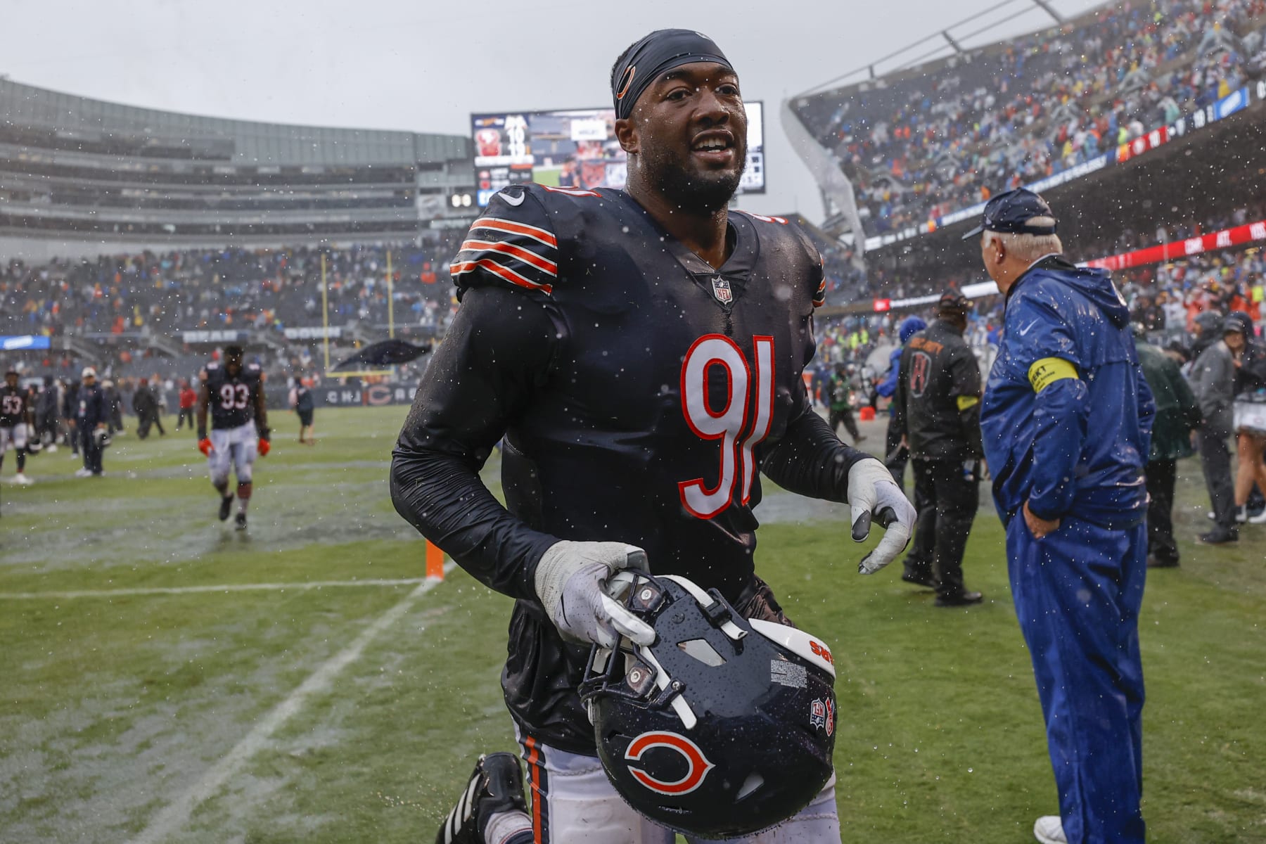 Chicago Bears defensive end Dominique Robinson (91) celebrates the Bears win against the San Francisco 49ers in an NFL football game, Sunday, Sept. 11, 2022, in Chicago. (AP Photo/Kamil Krzaczynski)