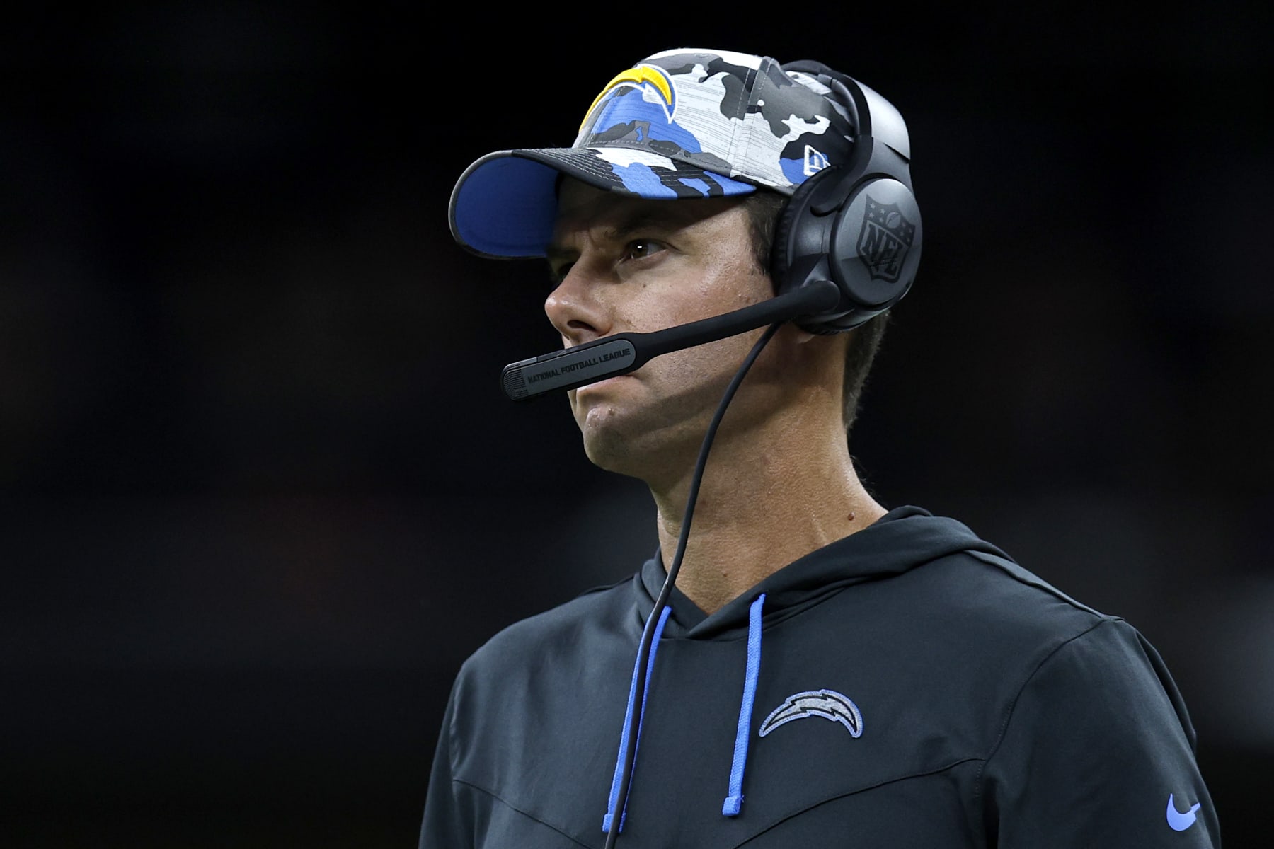 NEW ORLEANS, LOUISIANA - AUGUST 26: Head coach Brandon Staley of the Los Angeles Chargers  looks on during the fourth quarter of an NFL preseason game against the New Orleans Saints at Caesars Superdome on August 26, 2022 in New Orleans, Louisiana. (Photo by Sean Gardner/Getty Images)