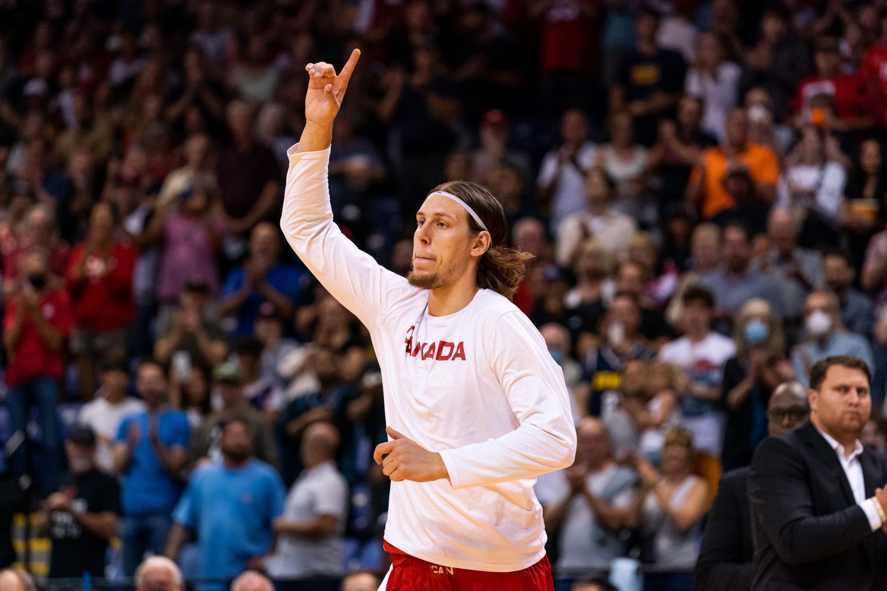 VICTORIA, BC - AUGUST 25: Kelly Olynyk #13 of Canada salutes the crowd in warmup during the Second Round of the FIBA World Cup 2023 Americas Qualifiers at Save-On-Foods Memorial Centre on August 25, 2022 in Victoria, Canada. (Photo by Jordan Jones/Getty Images)