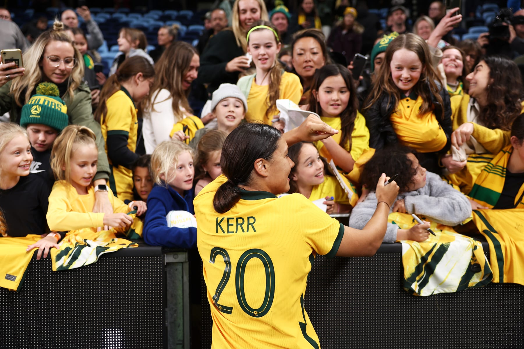 SYDNEY, AUSTRALIA - SEPTEMBER 06:  Sam Kerr of the Matildas interacts with fans after the International Friendly Match between the Australia Matildas and Canada at Allianz Stadium on September 06, 2022 in Sydney, Australia. (Photo by Matt King/Getty Images)