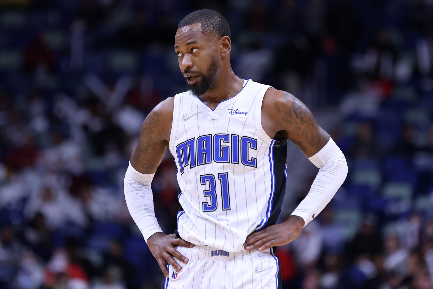 NEW ORLEANS, LOUISIANA - MARCH 09: Terrence Ross #31 of the Orlando Magic reacts against the New Orleans Pelicans during a game at the Smoothie King Center on March 09, 2022 in New Orleans, Louisiana. NOTE TO USER: User expressly acknowledges and agrees that, by downloading and or using this Photograph, user is consenting to the terms and conditions of the Getty Images License Agreement. (Photo by Jonathan Bachman/Getty Images)