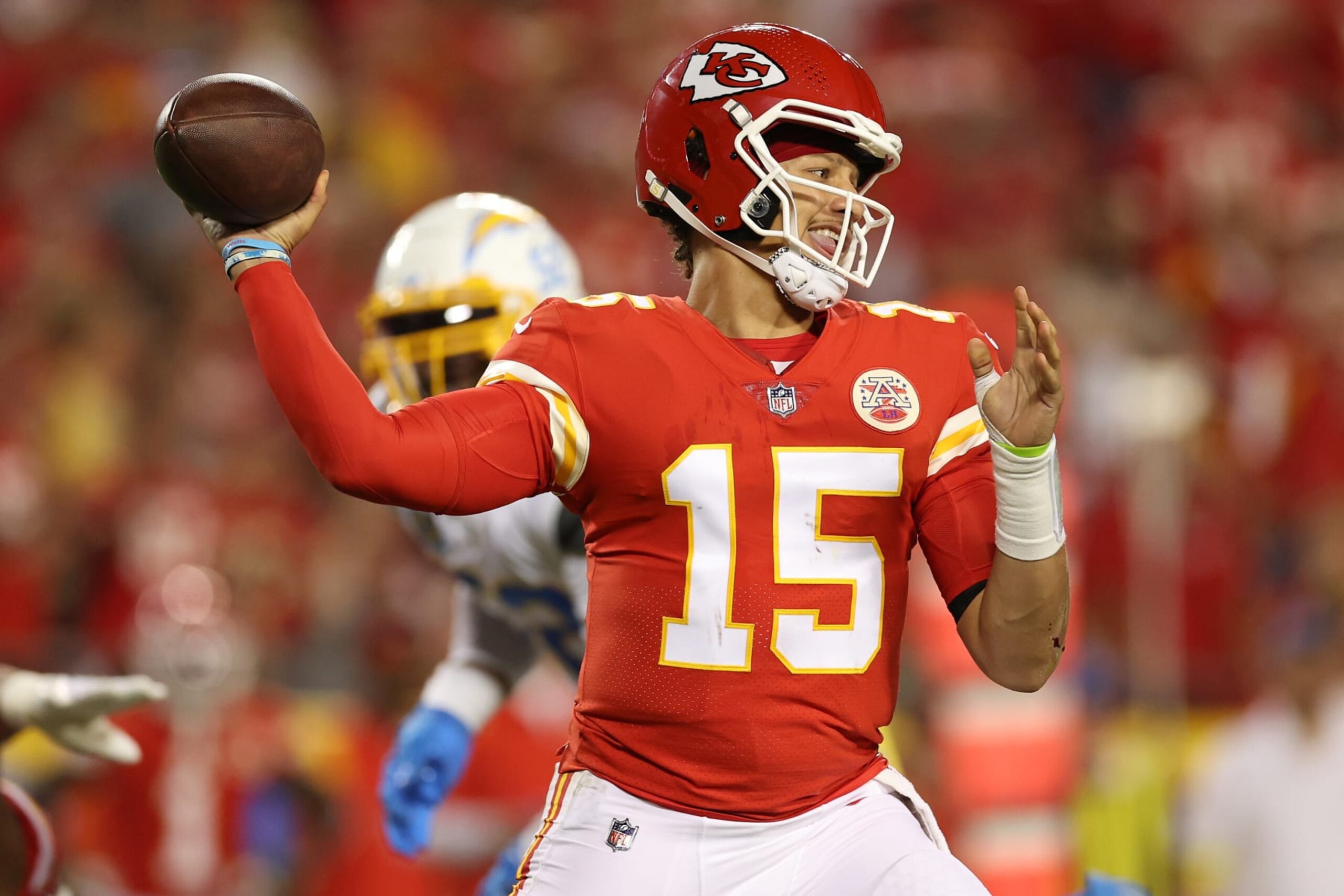 KANSAS CITY, MISSOURI - SEPTEMBER 15: Patrick Mahomes #15 of the Kansas City Chiefs throws the ball during the third quarter against the Los Angeles Chargers at Arrowhead Stadium on September 15, 2022 in Kansas City, Missouri. (Photo by Jamie Squire/Getty Images)