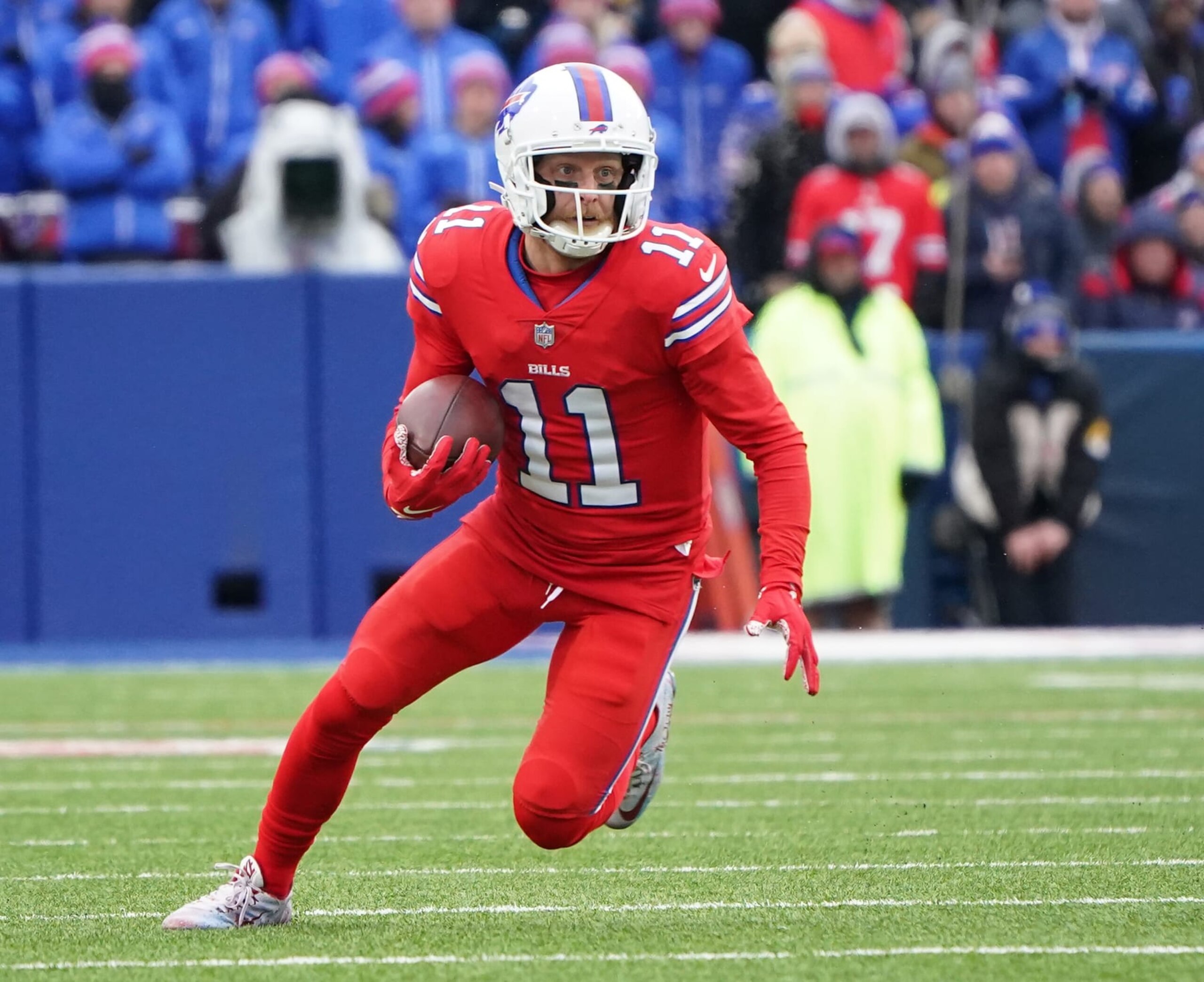 ORCHARD PARK, NEW YORK - DECEMBER 19: Cole Beasley #11 of the Buffalo Bills during the game against the Carolina Panthers at Highmark Stadium on December 19, 2021 in Orchard Park, New York. (Photo by Kevin Hoffman/Getty Images)