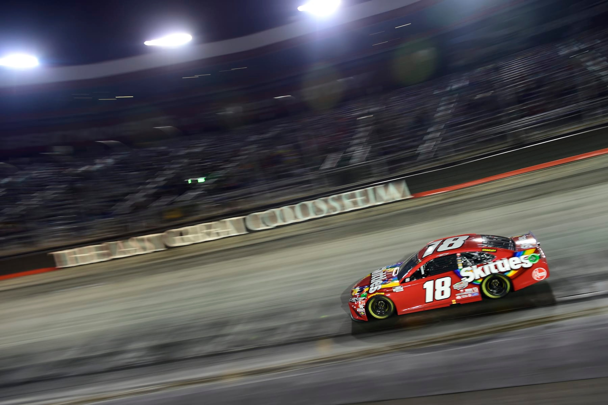 BRISTOL, TENNESSEE - SEPTEMBER 19: Kyle Busch, driver of the #18 Skittles Toyota, drives during the NASCAR Cup Series Bass Pro Shops Night Race at Bristol Motor Speedway on September 19, 2020 in Bristol, Tennessee. (Photo by Jared C. Tilton/Getty Images) BRISTOL, TENNESSEE - SEPTEMBER 19: Kyle Busch, driver of the #18 Skittles Toyota, drives during the NASCAR Cup Series Bass Pro Shops Night Race at Bristol Motor Speedway on September 19, 2020 in Bristol, Tennessee. (Photo by Jared C. Tilton/Getty Images)