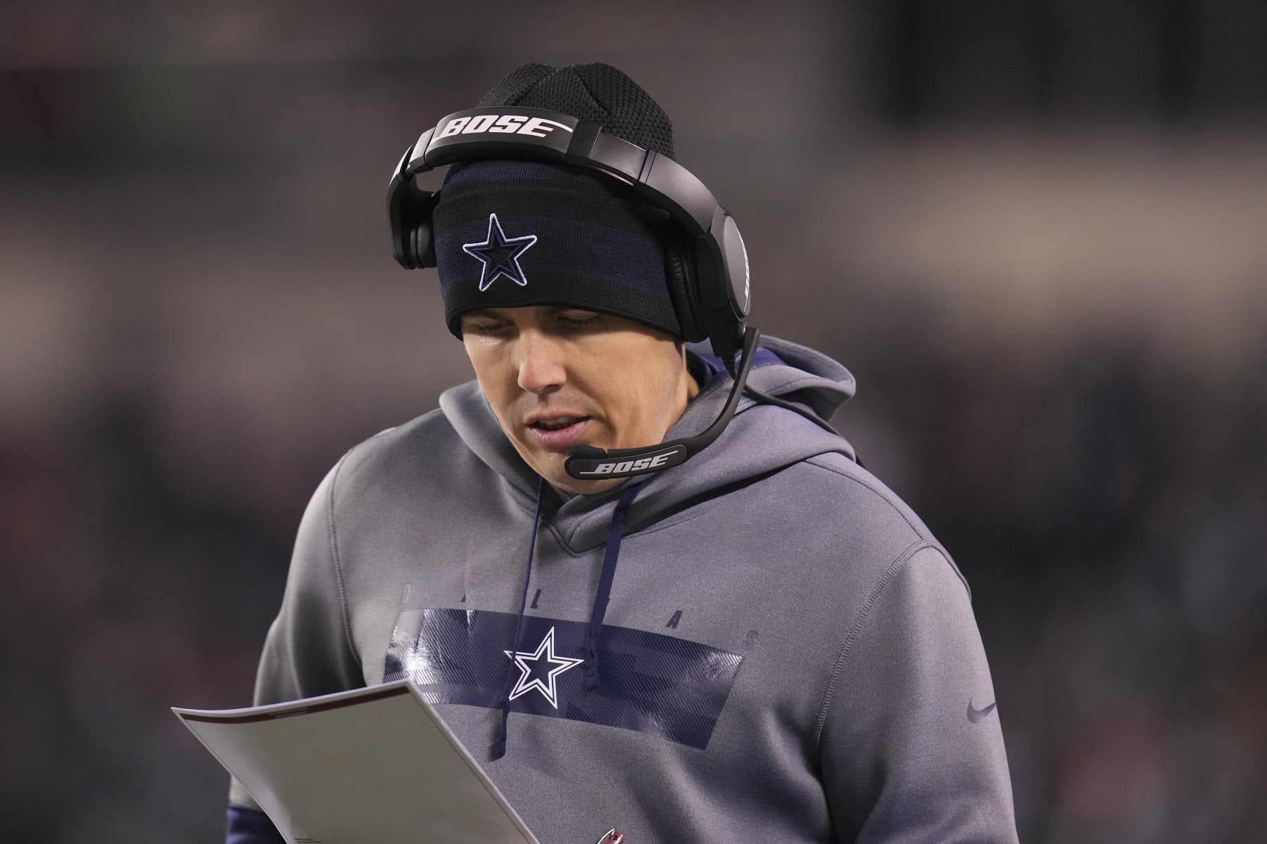 PHILADELPHIA, PA - JANUARY 08: Offensive coordinator Kellen Moore of the Dallas Cowboys looks on against the Philadelphia Eagles at Lincoln Financial Field on January 8, 2022 in Philadelphia, Pennsylvania. (Photo by Mitchell Leff/Getty Images)