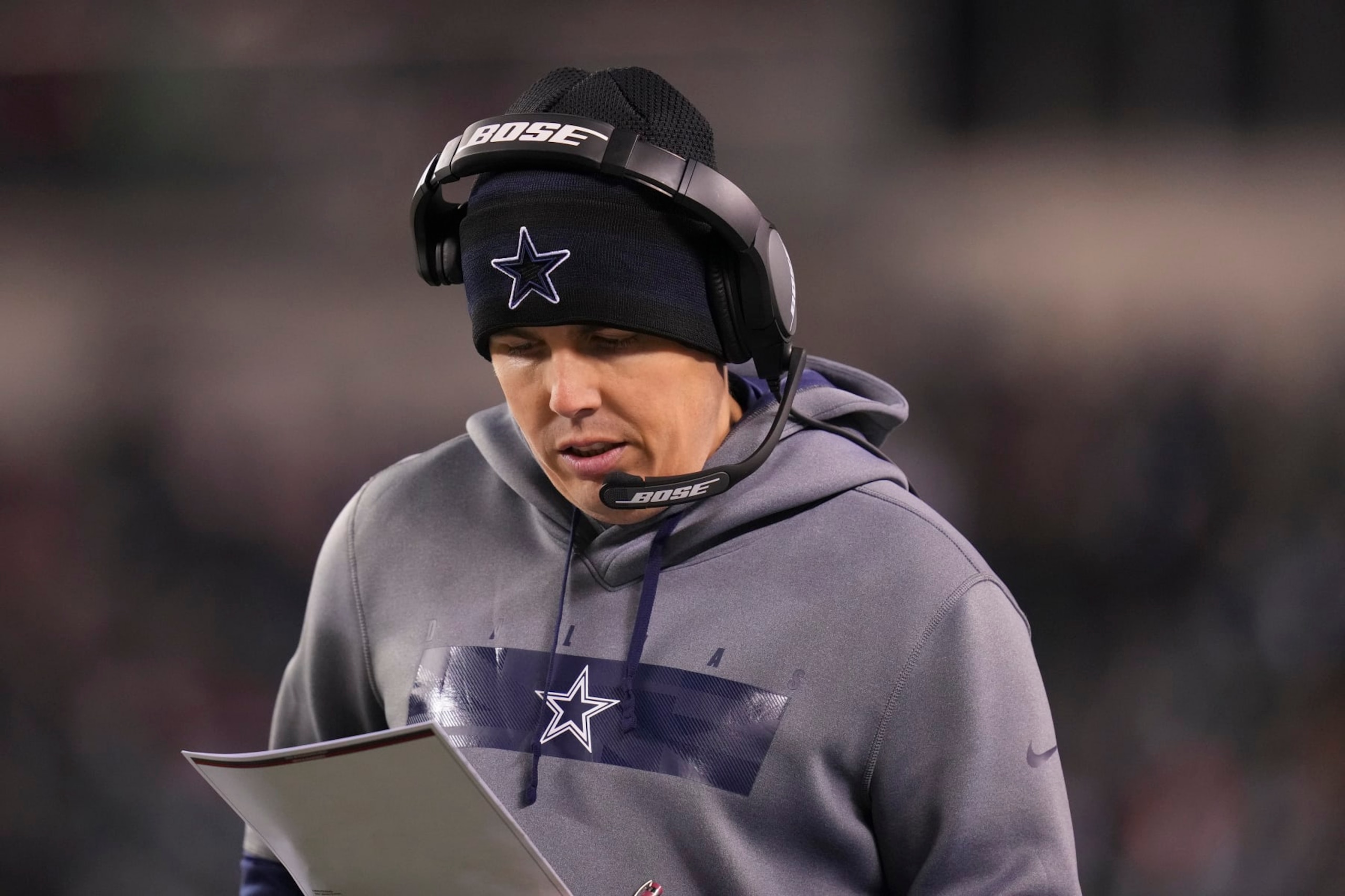 PHILADELPHIA, PA - JANUARY 08: Offensive coordinator Kellen Moore of the Dallas Cowboys looks on against the Philadelphia Eagles at Lincoln Financial Field on January 8, 2022 in Philadelphia, Pennsylvania. (Photo by Mitchell Leff/Getty Images)