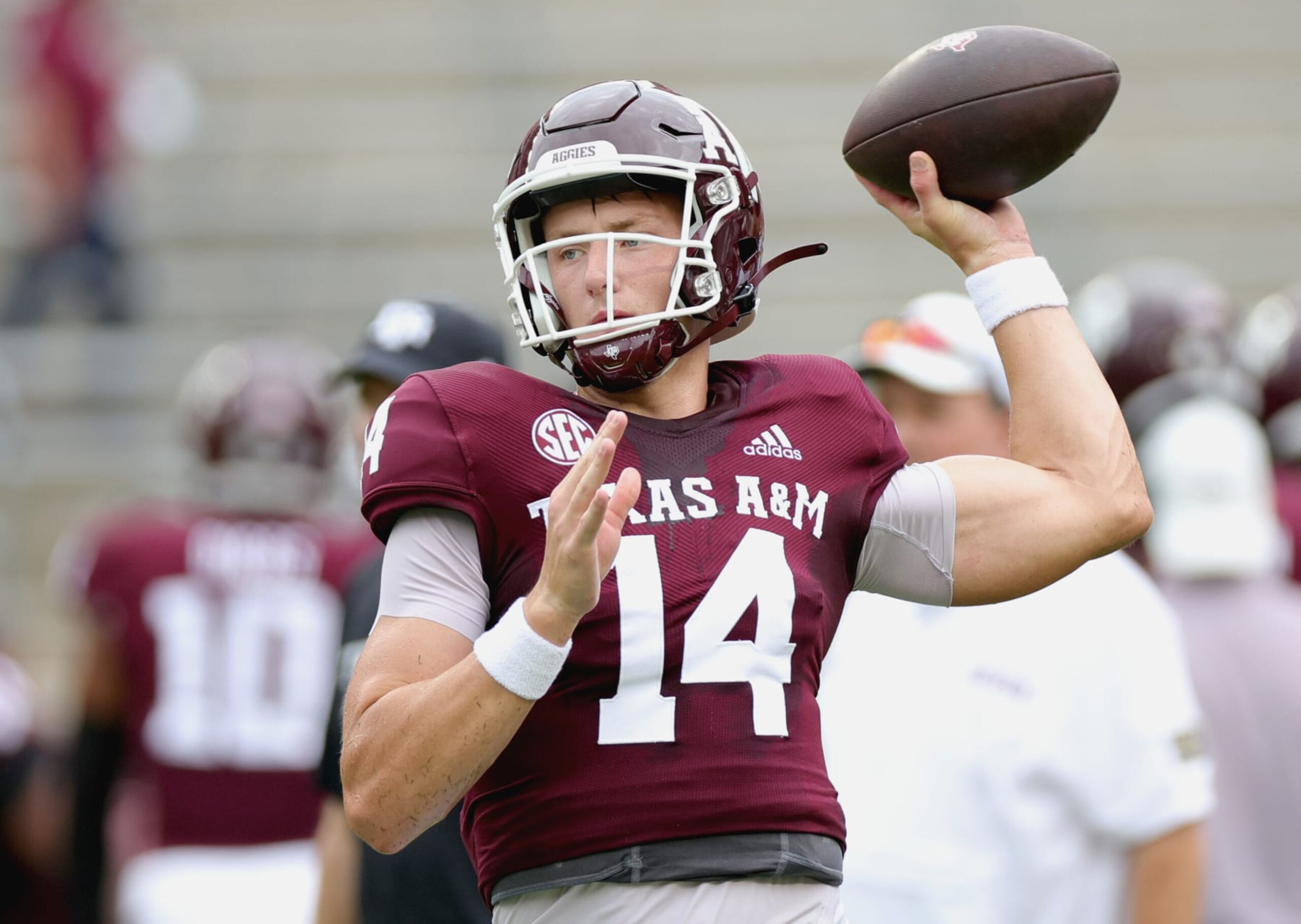 COLLEGE STATION, TEXAS - SEPTEMBER 03: Max Johnson #14 of the Texas A&M Aggies warms up prior to facing the Sam Houston State Bearkats at Kyle Field on September 03, 2022 in College Station, Texas. (Photo by Carmen Mandato/Getty Images)