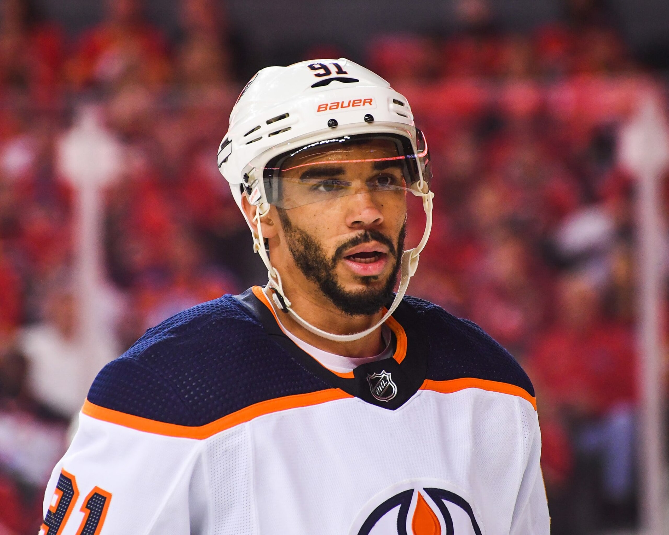 CALGARY, AB - MAY 26: Evander Kane #91 of the Edmonton Oilers in action against the Calgary Flames during Game Five of the Second Round of the 2022 Stanley Cup Playoffs at Scotiabank Saddledome on May 26, 2022 in Calgary, Alberta, Canada. The Oilers defeated the Flames 5-4 in overtime to win the series four games to one. (Photo by Derek Leung/Getty Images) CALGARY, AB - MAY 26: Evander Kane #91 of the Edmonton Oilers in action against the Calgary Flames during Game Five of the Second Round of the 2022 Stanley Cup Playoffs at Scotiabank Saddledome on May 26, 2022 in Calgary, Alberta, Canada. The Oilers defeated the Flames 5-4 in overtime to win the series four games to one. (Photo by Derek Leung/Getty Images)