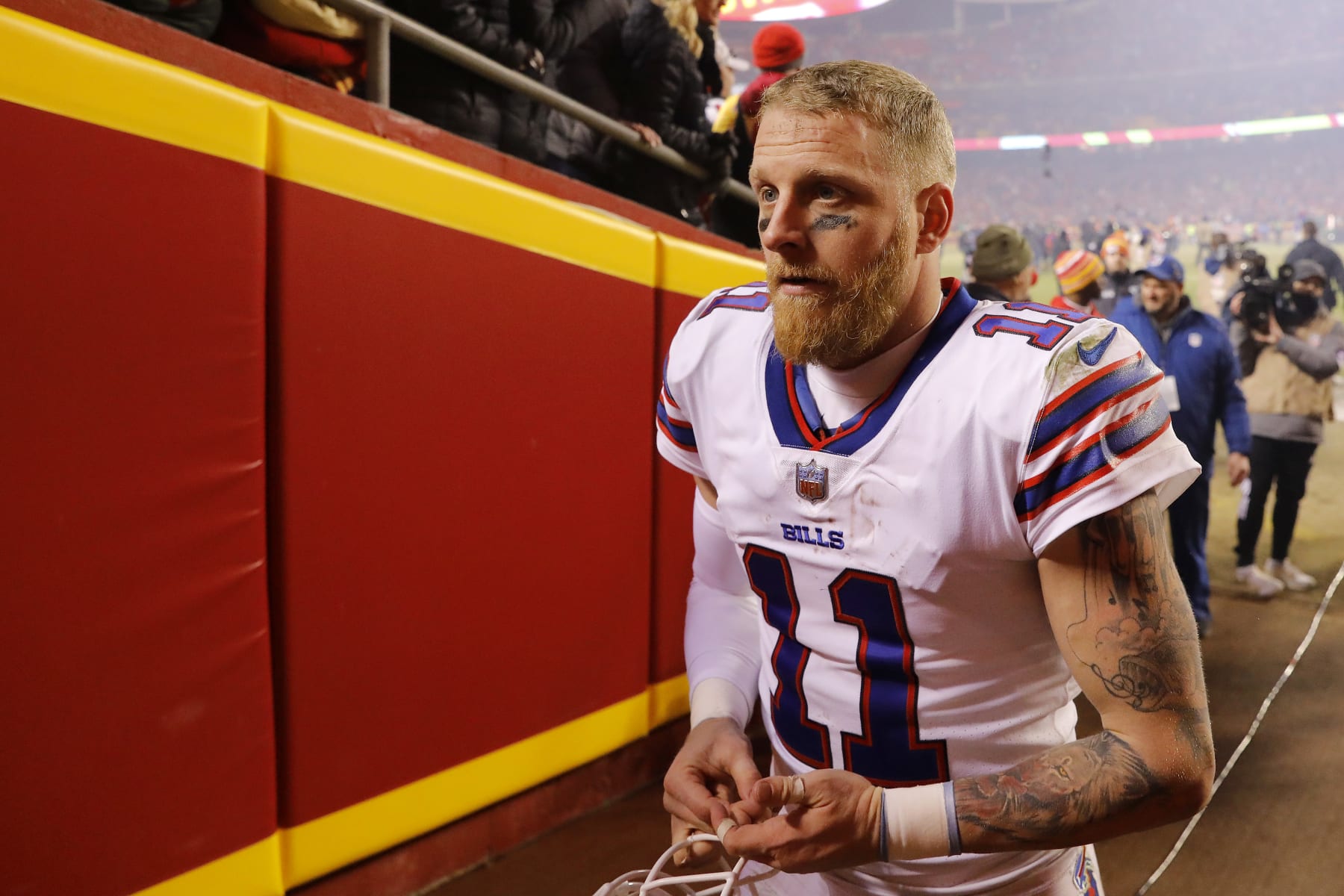 KANSAS CITY, MISSOURI - JANUARY 23: Cole Beasley #11 of the Buffalo Bills walks off the field after being defeated by the Kansas City Chiefs in the AFC Divisional Playoff game at Arrowhead Stadium on January 23, 2022 in Kansas City, Missouri. The Kansas City Chiefs defeated the Buffalo Bills with a score of 42 to 36. (Photo by David Eulitt/Getty Images)