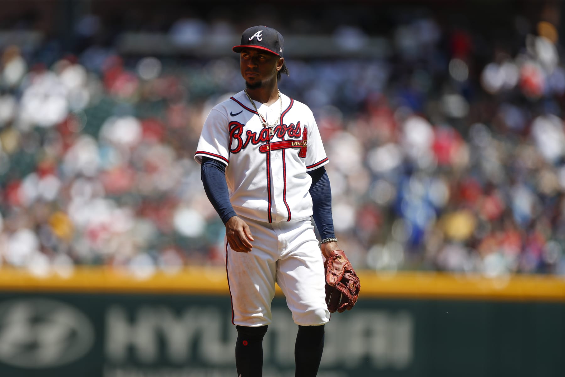 ATLANTA, GA - JUNE 12: Atlanta Braves second basemen Ozzie Albies (1) looks on during a regular season game between the Pittsburgh Pirates and Atlanta Braves on June 12, 2022, at Truist Park in Atlanta, GA. (Photo by Brandon Sloter/Icon Sportswire via Getty Images)