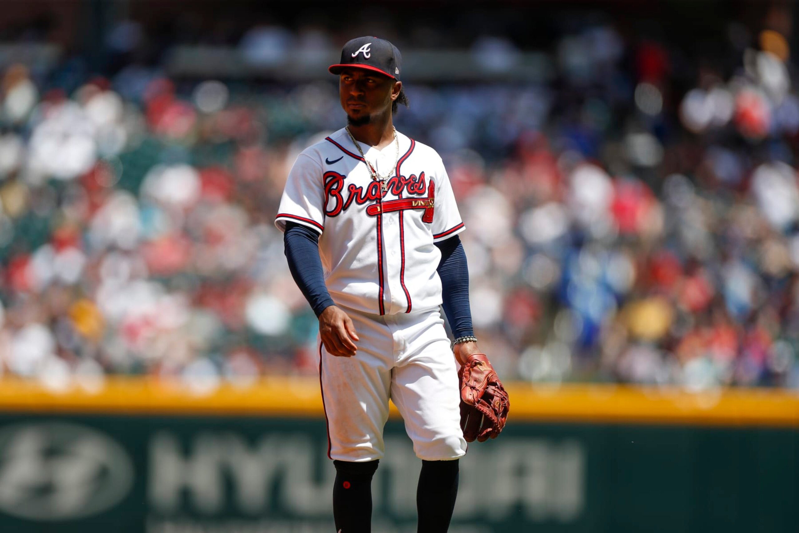 ATLANTA, GA - JUNE 12: Atlanta Braves second basemen Ozzie Albies (1) looks on during a regular season game between the Pittsburgh Pirates and Atlanta Braves on June 12, 2022, at Truist Park in Atlanta, GA. (Photo by Brandon Sloter/Icon Sportswire via Getty Images)